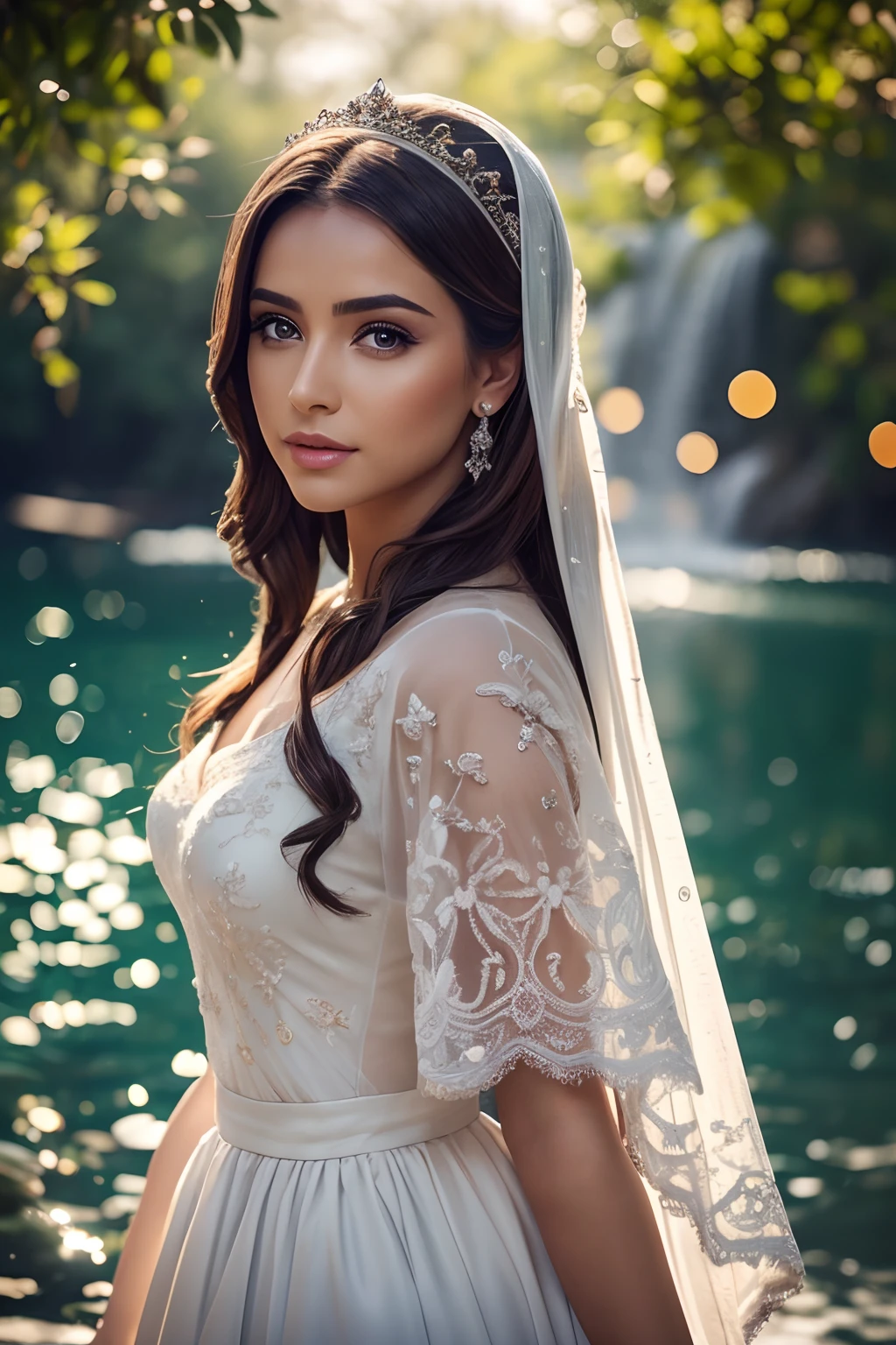 Makeup artists do makeup for celebrities,(Masterpiece:1.2), Best Quality, Masterpiece, hight resolution, Original, extremely detailed wallpaper, perfect lighting,(extremely detailed CGI:1.2), The woman + jade + India + Loving + Splashart Veil, Splashart, by a lake with a waterfall, Art, brushes, Masterpiece, 8K, Ultra Detailed, HD, ((Film grain, bokeh, light particles ,Dust, Extreme camera angle))