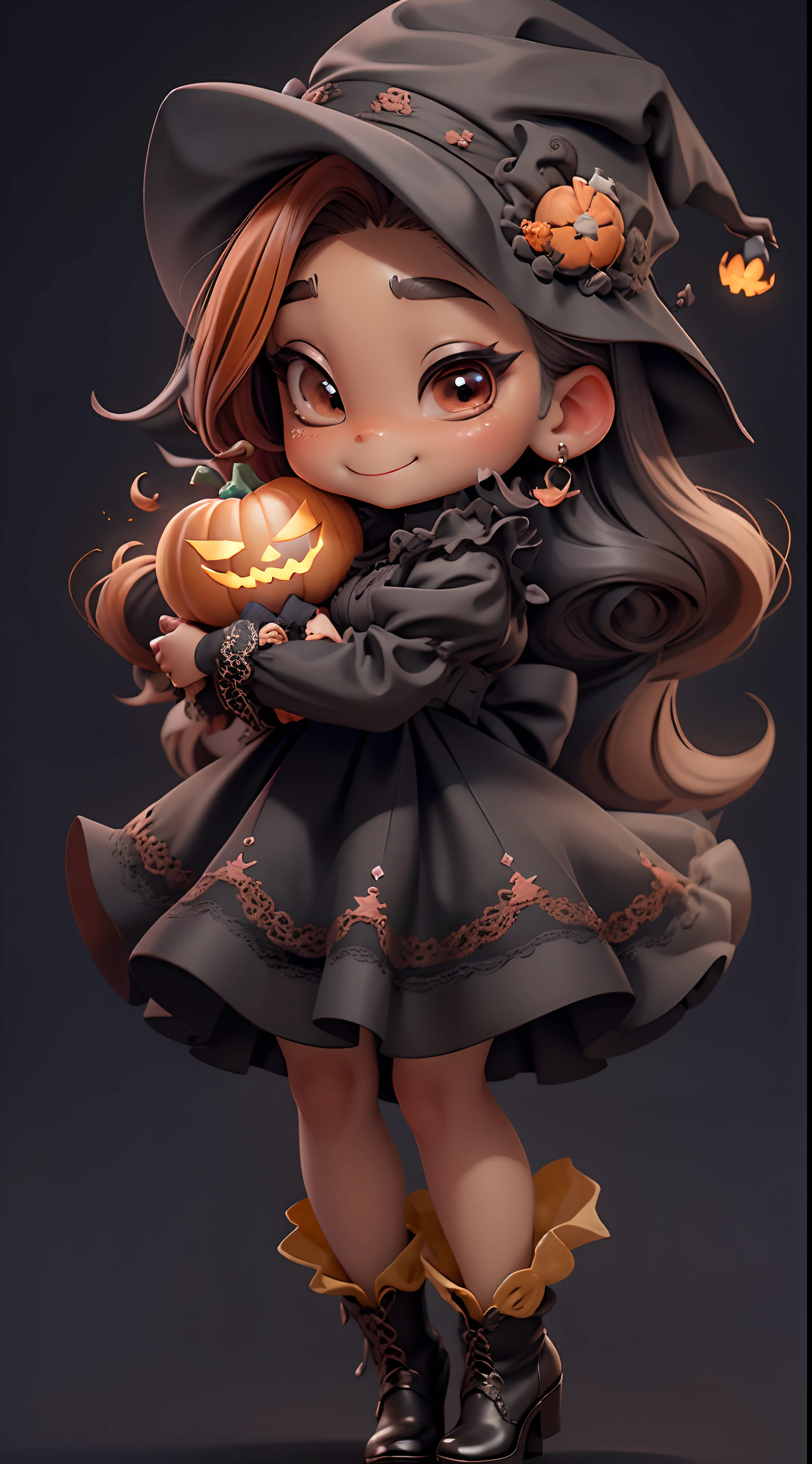 ((( chibi bruxa negra UHD ))) With her beautiful witch hat with millions of pumpkins, Deve ficar charmoso e bonito, Keep the iconic elements of the original character. Chibi Halloween Million Pumpkins Should Have a Round Face with Large Dimensions, olhos claros, long eyelashes and rosy cheeks. Seu cabelo deve ser longo e negro . Vestido elegante: Vestir chibi em um vestido luxuoso e elegante em tons de preto . O vestido pode ter babados, renda & detalhes feitos de doces, A reference to the Halloween theme . Add loops or ribbons, Para dar um toque de delicadeza. avental & Arco : Adicione um avental caramelo sobre o vestido de Chibi, It is tied at the waist with a thin bow. O avental pode ter pequenos detalhes, such as pockets or fine embroidery of pumpkins.Meias e sapatos de boneca luxuosa : Complete the chibi look with pumpkin striped socks or fun details. standingn, Coloque botas bonitos, with ties or pumpkin buckles . Magic Accessories: Add charming accessories to the chibi . You should also get your hands on a cute oversized lollipop . Certifique-se de adicionar sombras, texturas e detalhes nos cabelos, Chibi Pumpkin , pirulitos Ternos & Accessories, to make it even more charming and charming. Give him a smiling expression and a smile on his face, Capturing the essence of the character in a subtle way, delicate hands, abaixo da Lua de sangues, Hallowen UHD