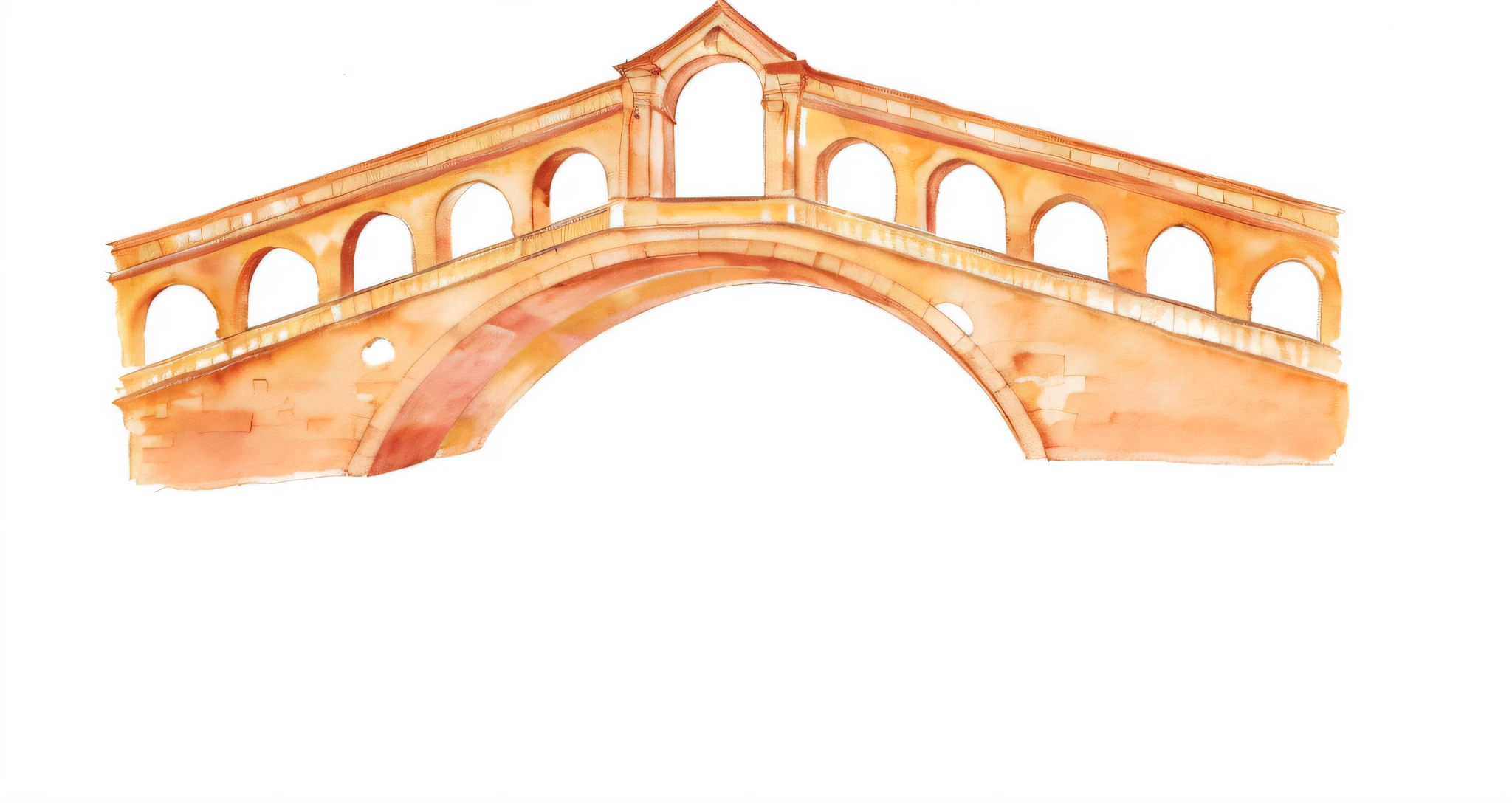 There is a watercolor painting of a bridge with arches, ponte, da vinci style, Arco, costas arqueadas, Arcos, ponte curva, inspired by Melozzo da Forlì, ponte velha, architectural painting, pontes, costas arqueadas, inspirado em Taddeo Gaddi, Por Fede Galicia, Arcos cor-de-rosa, tempera