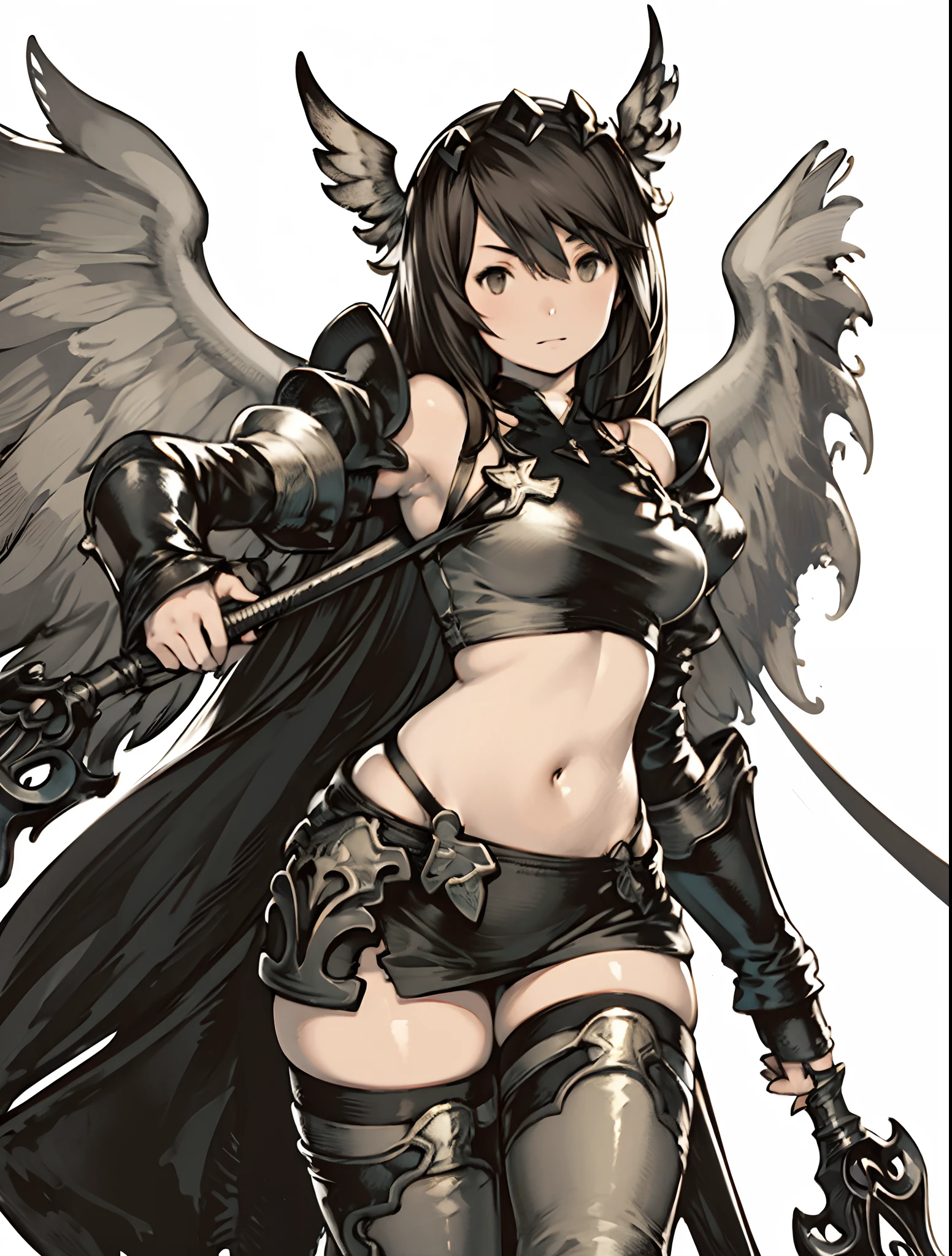 Striped hair, french braid, mismatched pupils, Chiaroscuro, illuminating, Gothic art, Best quality, Anatomically correct, High details,cavalier,holy paladin,Leather bandages,Metal chains, big tit,(Armor),Heavy armor,Gorgeous armor, exposed belly, sword