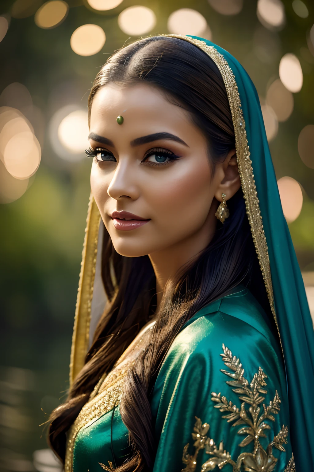 Makeup artists do makeup for celebrities，(Masterpiece:1.2), Best Quality, Masterpiece, hight resolution, Original, extremely detailed wallpaper, perfect  lighting,(extremely detailed CGI:1.2), The woman + jade + India + Loving + Splashart Veil, Splashart, by a lake with a waterfall, Art, brushes, Masterpiece, 8K, Ultra Detailed, HD, ((Film grain, bokeh, light particles ,Dust, Extreme camera angle))