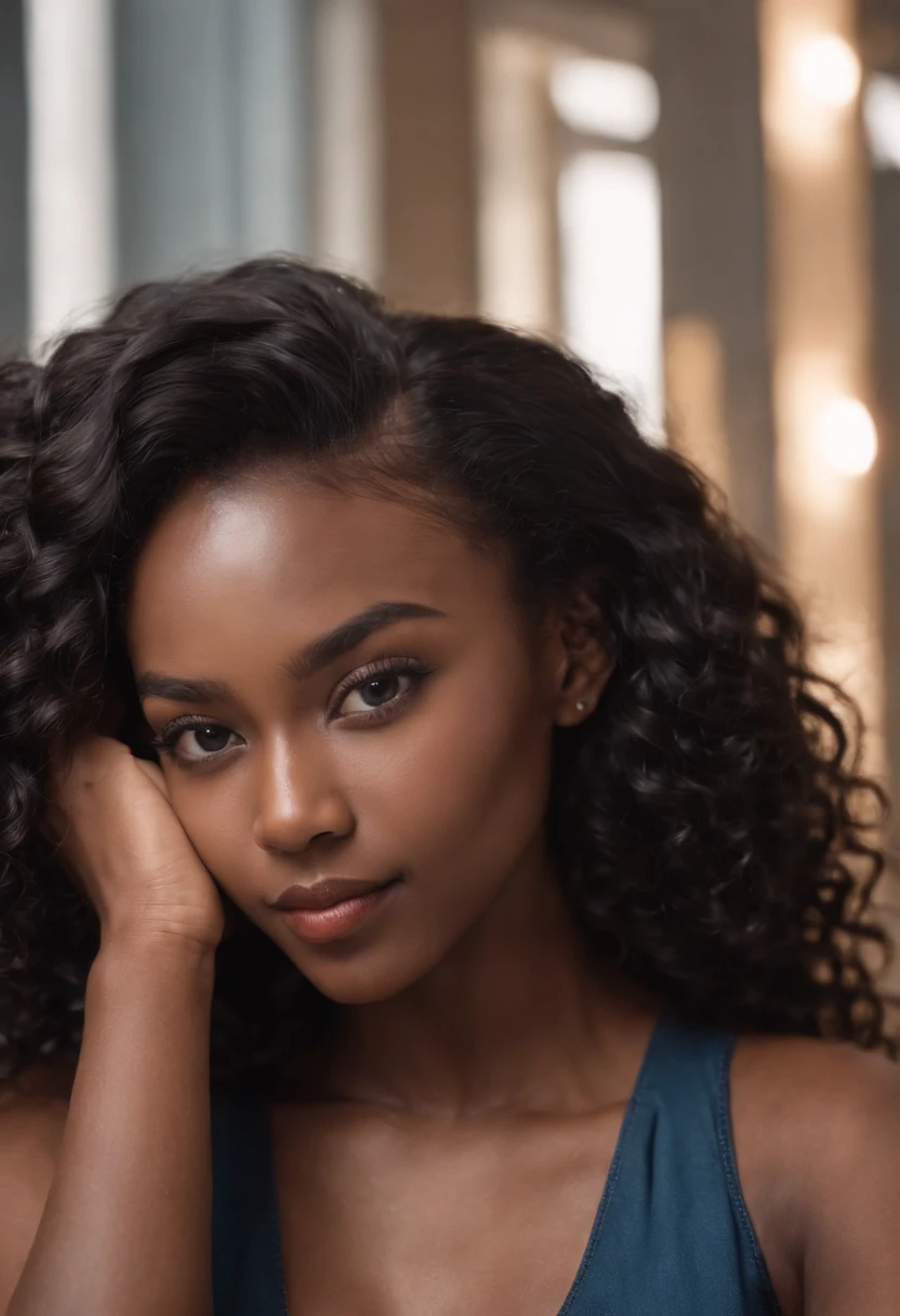 Generate an image of a black woman with long hair and a beautiful, delicate, and symmetrical face. Use a 85mm lens to create a shallow depth of field and a blurred background, allowing the subject to stand out. Utilize the Canon EOS R5 camera with an aperture setting of F1.2 for a dreamy and romantic feel to the image.