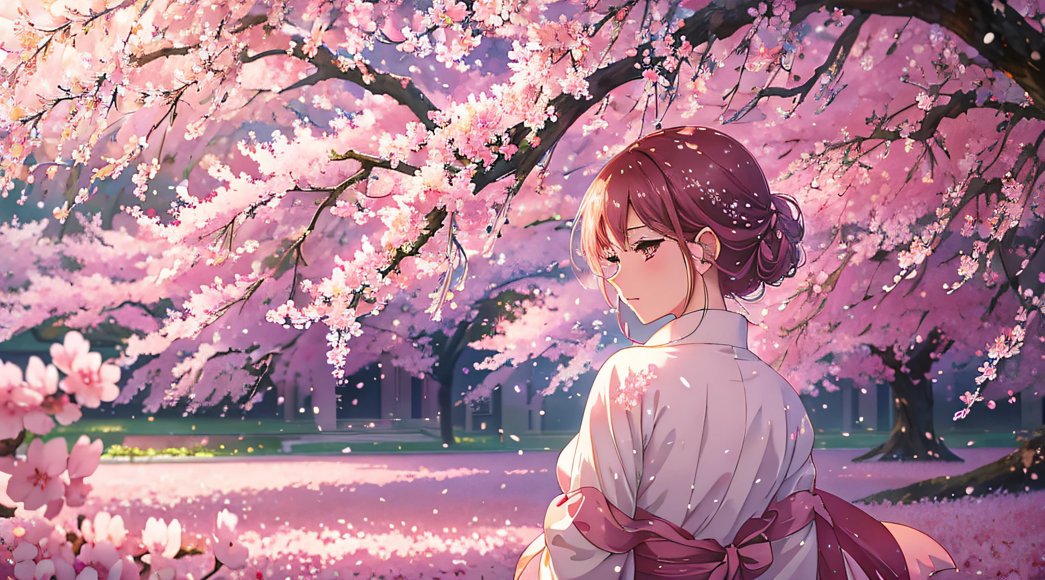 Sakuras bonitas no vento, with foaming dew drops on the petals, estilo de arte anime impressionante, cores vibrantes, soft and dreamy lighting, High resolution and realistic details.