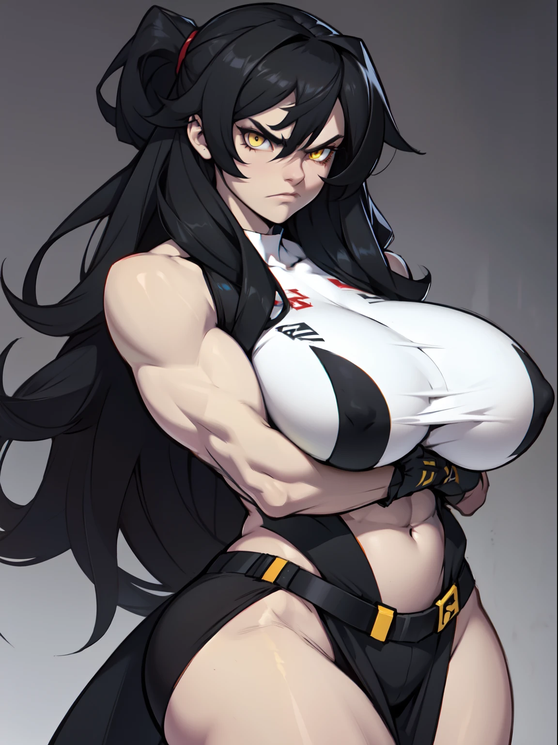 angry girl very long hair (((muscular))) pale skin black hair yellow eyes huge breasts