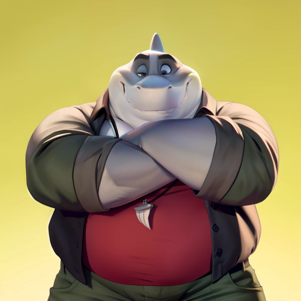 mr shark, plump, fat, belly, black eyes, (pose:1.3), (posing:1.3), (soft shading), 4k, hi res, five fingers, detailed hands, ((detailed face, (detailed eyes:1.0), detailed)), (full body), by zackarry911, by zaush, (by personalami:0.5),  looking at viewer, shirt, 1boy, jacket, male focus, open clothes, pants, red shirt, dog tags, green pants, giant head, huge head, big head