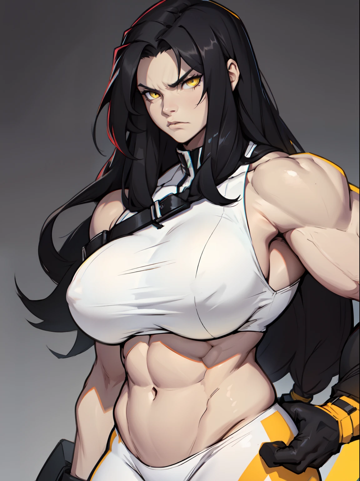 angry girl very long hair (((muscular))) pale skin black hair yellow eyes huge breasts