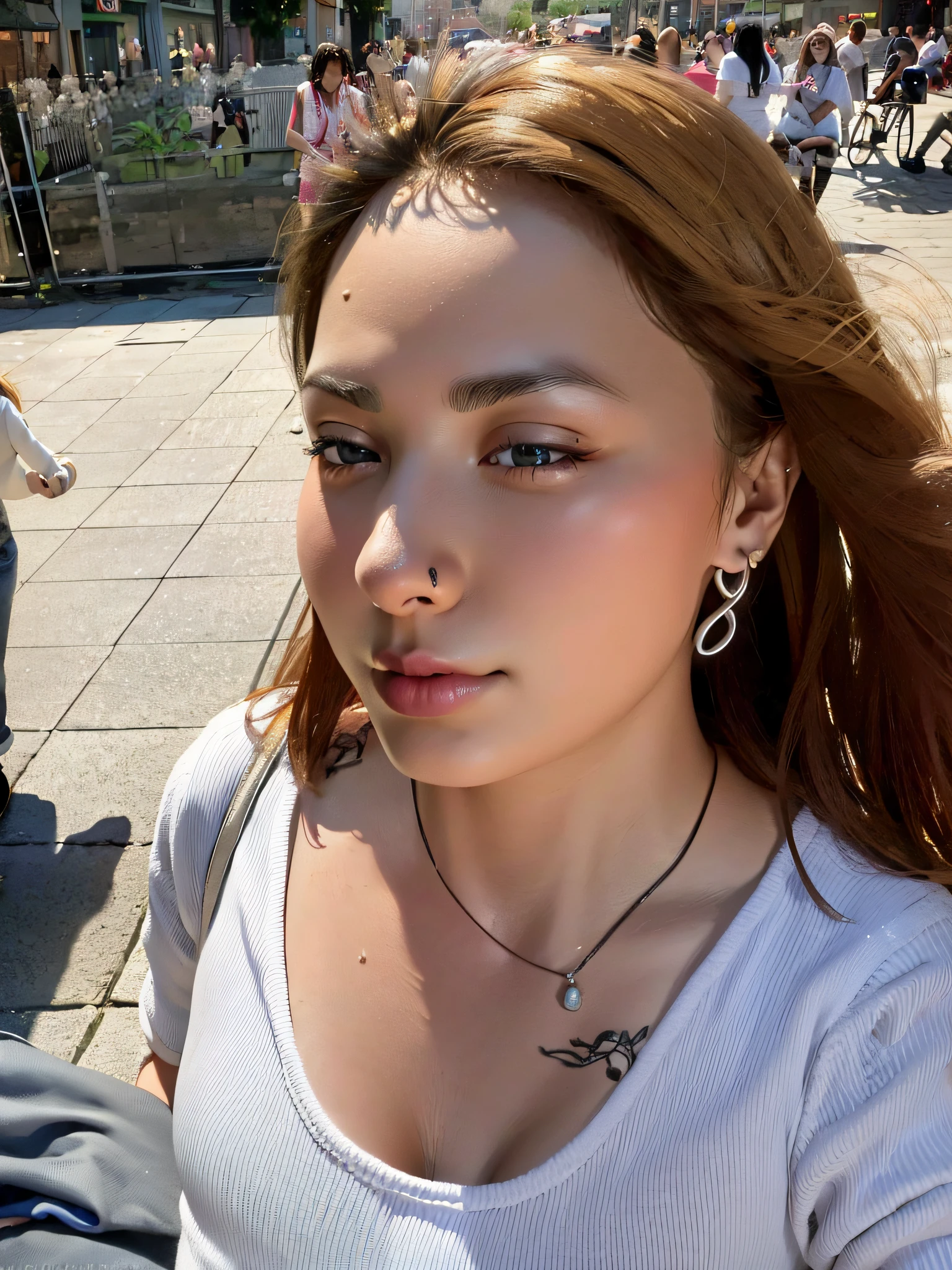 there is a woman that is sitting down on the sidewalk, without makeup, portrait sophie mudd, nose ring, huge earrings and queer make up, aleksandra waliszewska, nose piercing, septum piercing, 3 0 years old woman, with round face, 30 years old woman, alina ivanchenko, jovana rikalo