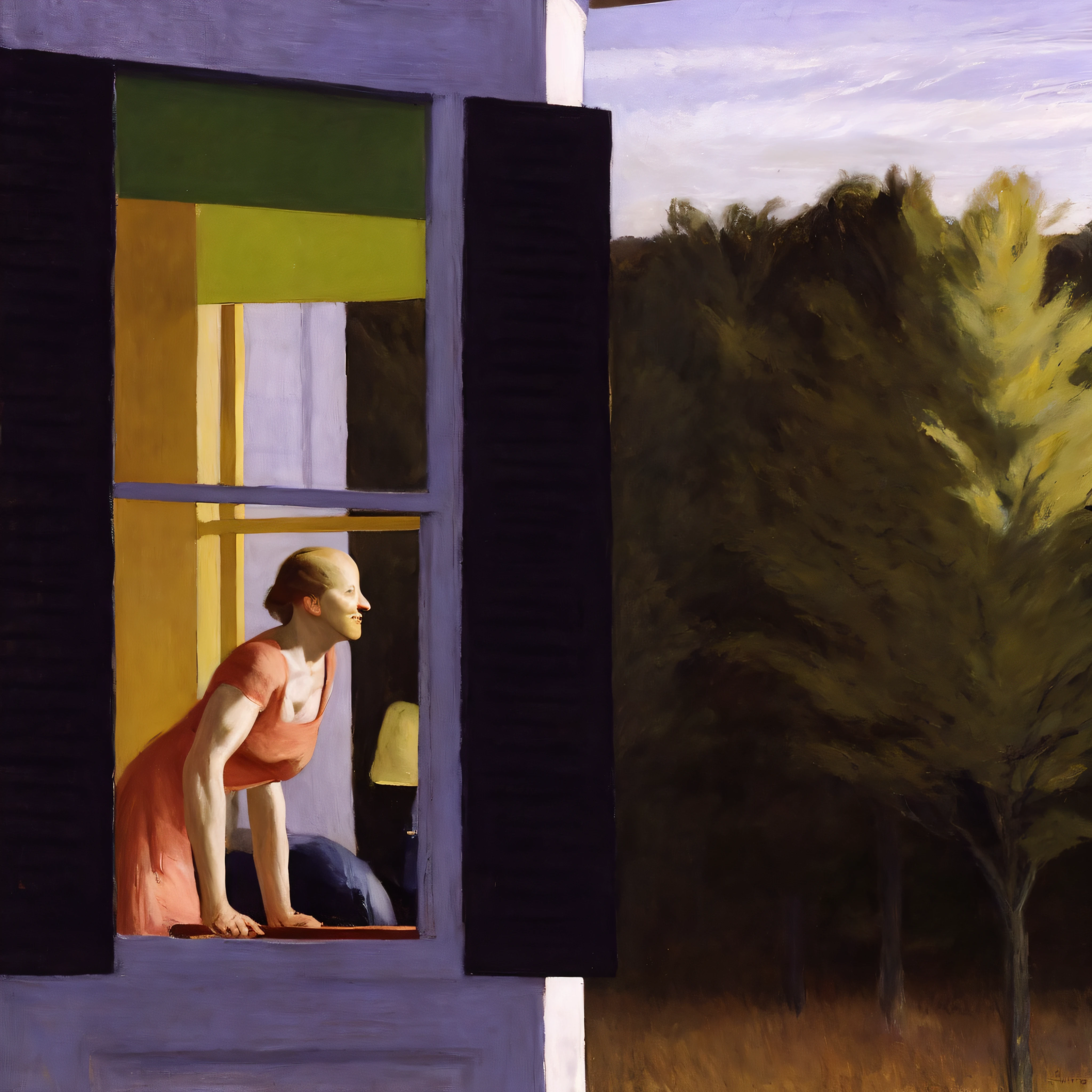 painting of a woman looking out a window at a dog, edward hopper style, ed hopper, style edward hopper, in style of edward hopper, raphael hopper, style of edward hopper, edward hopper. sharp focus, edward hopper vibe, hopper, ( ( ( edward hopper ) ) ), inspired by Edward Hopper, by Edward Hopper, edward hopper painting, edward hopper dramatic