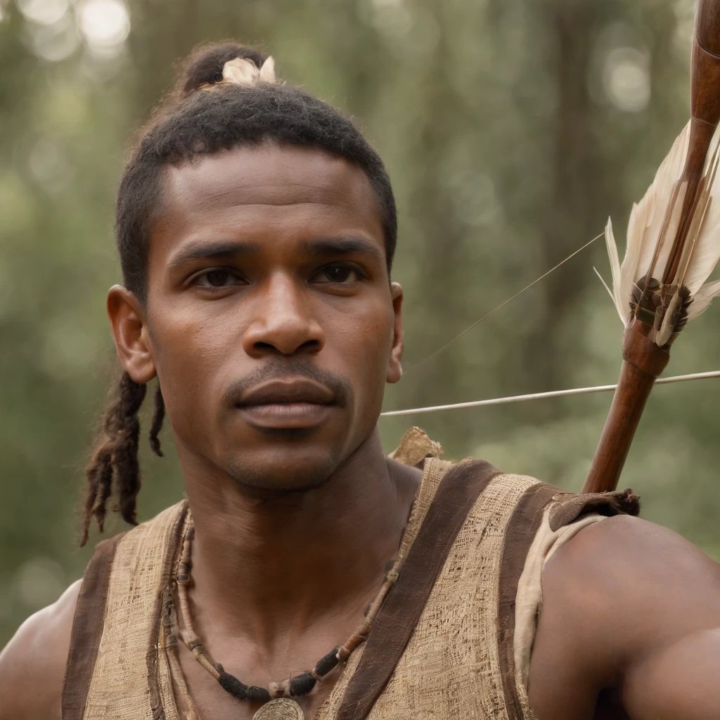 Oxossi , Homem , Guerreiro africano  , com roupa verde e um cocar de penas, Orisha of the forest that has over its domain the bow and arrow, com luz brilhante, Mshiff, Arte do papel de parede, papel de parede uhd