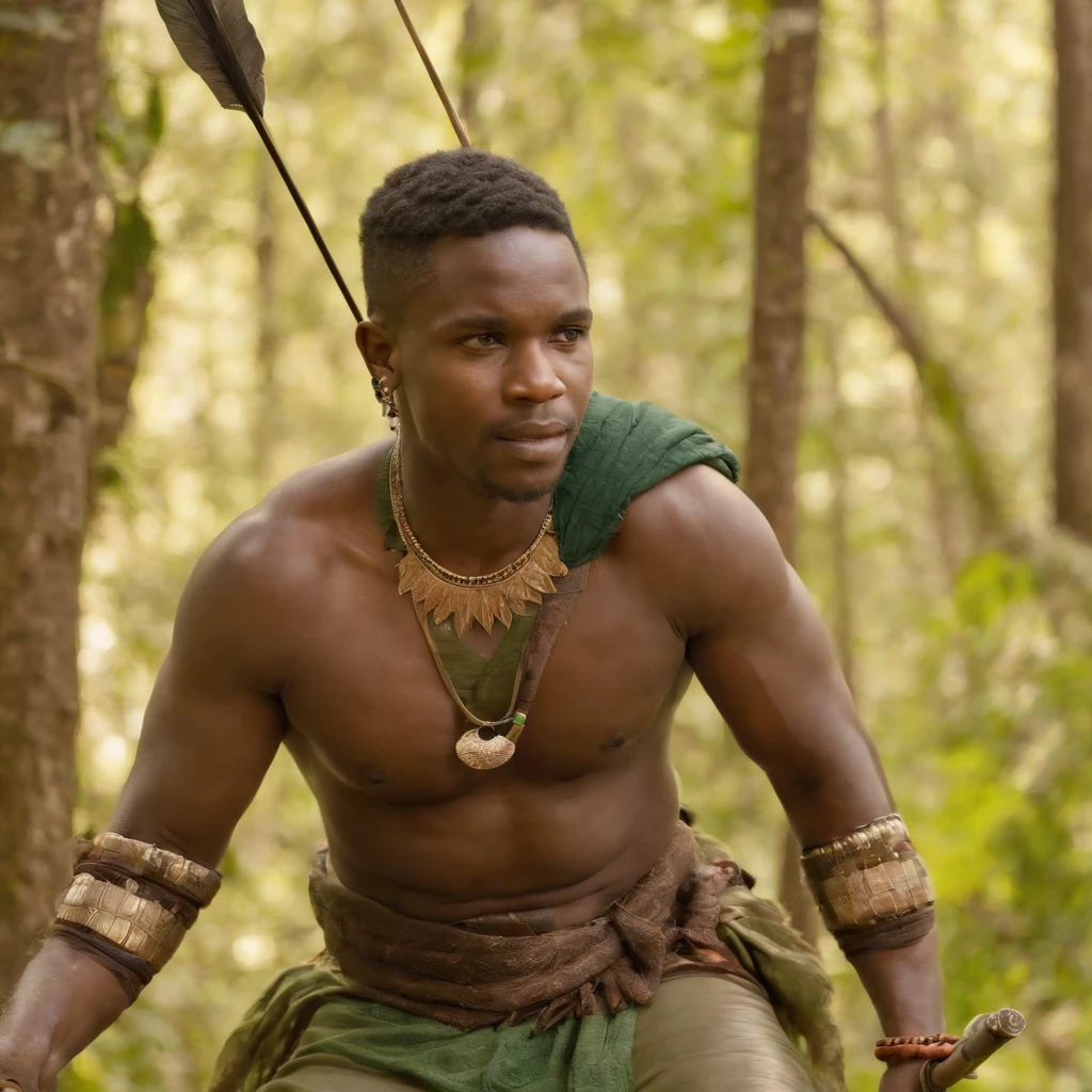 Oxossi , Homem , Guerreiro africano  , com roupa verde e um cocar de penas, Orisha of the forest that has over its domain the bow and arrow, com luz brilhante, Mshiff, Arte do papel de parede, papel de parede uhd