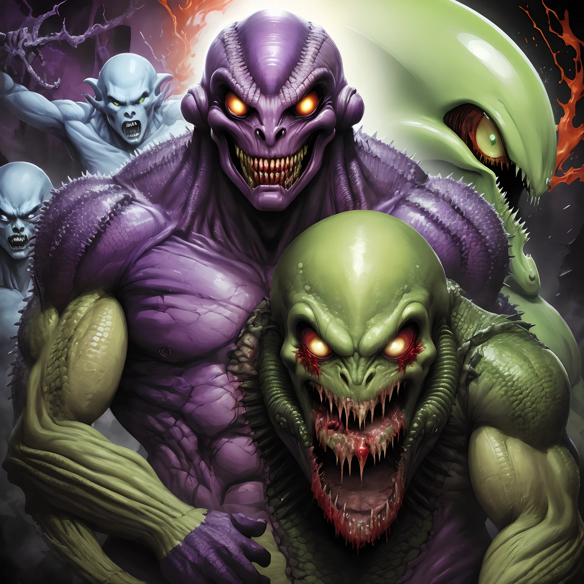 Psycho goreman, alien, purple, scaly, bloody,