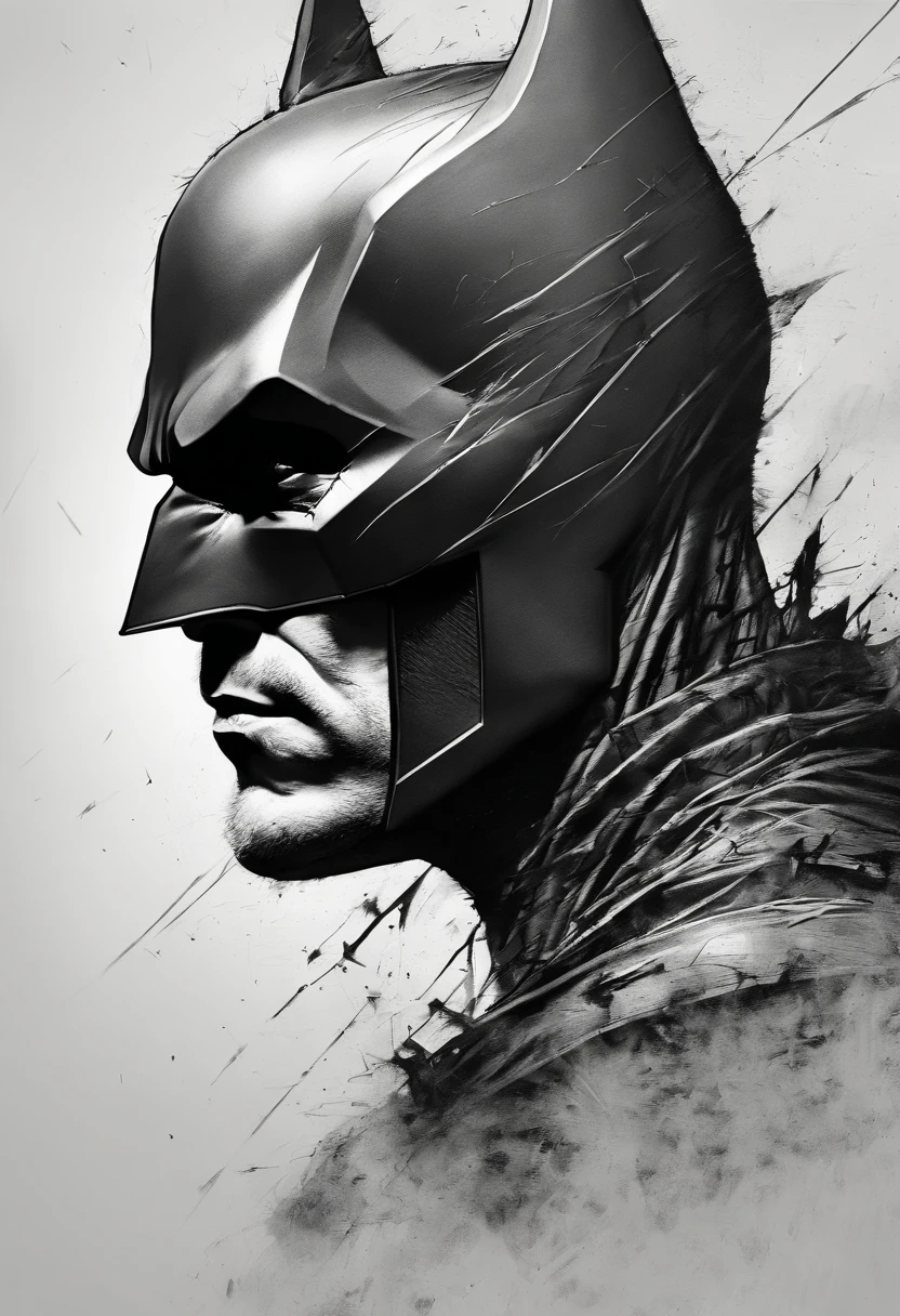 male Batman, Perfect centralization, coelho (franco)de Donnie, Standing position, beleza abstrata, Centrado, looking at the camera, Facing the camera, nearing perfection, triste, desespero, corpo inteiro, Dynamic, altamente detalhado, liso, foco nítido, 8k, high-definition resolution, illustration, arte de Carne Griffiths e Wadim Kashin, fundo branco