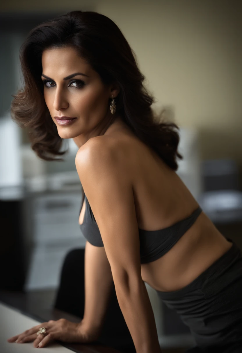 Milf, One, Full body, 40 Years old, indian Beauty face, Italian, fit, skinny, thin, (), ((bending over table)), (bending over), bent over, skirt pulled up, (Office shirt), (Unzipped clothes), tits falling out, Brunette hair, Messy hair, Pale skin, ((small breasts)), Medium ass, Office, Dark scene, Cinematic light, Noir, film grain, RAW photo, hyper realism, masterpiece, best quality, sharp image, skin pores, cinematic, detailed face, rim light, view from behind