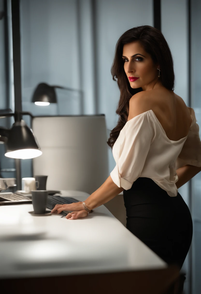 Milf, One, Full body, 40 Years old, indian Beauty face, Italian, fit, skinny, thin, (), ((bending over table)), (bending over), bent over, skirt pulled up, (Office shirt), (Unzipped clothes), tits falling out, Brunette hair, Messy hair, Pale skin, ((small breasts)), Medium ass, Office, Dark scene, Cinematic light, Noir, film grain, RAW photo, hyper realism, masterpiece, best quality, sharp image, skin pores, cinematic, detailed face, rim light, view from behind