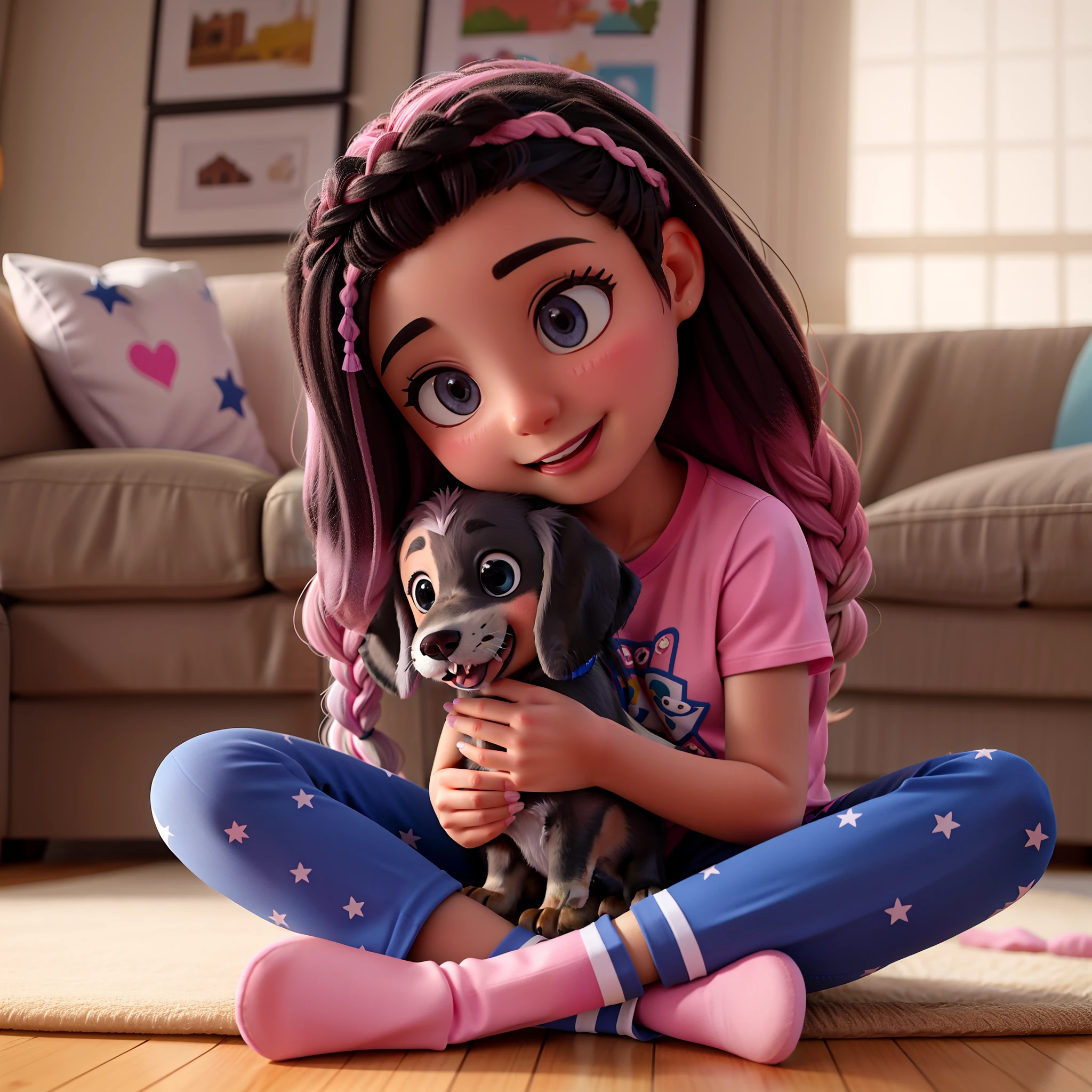 Generate a poster in the style of Pixar 3D animation, um momento terno entre uma menina e seu filhote.  A menina tem tom de pele marrom claro, It has long braids with pink tips and is sitting on the living room floor, Hugging the gray and black dachshund on your lap.  Ela sorri feliz.  She wears a pink unicorn-print T-shirt and blue star-print pants.  She also wears pink socks with white stripes.  The atmosphere is cozy, com TV e estante.  A foto transmite um sentimento de amor, alegria e conforto.