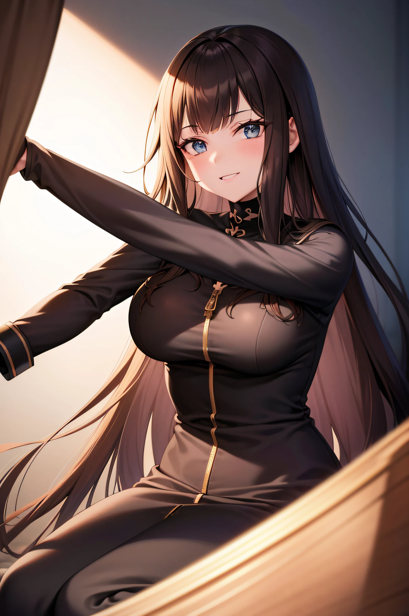 1woman, melhor qualidade, sozinha, DIG, cabelos longos, cabelos muito longos, olhos amarelos, messy hair, Black pantyhose, Olhando para o Viewer, de frente, frontal, vestido preto, olhos lindos, olhos bem desenhados, olhos de cores iguais, sorriso, 8k, Qualidade extrema, CG, Rosto detalhado+olho, (cores brilhantes), ray tracing, cinemactic, octan render, Motor Unreal 5, cinemactic, profundidade de campo variada, elegante, Vivid traces, blush, pernas bonitas