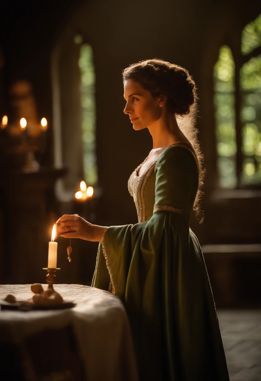 (((Uma profunda cicatriz avermelhada atravessa sua bochecha esquerda))) pele clara,Mulheres em torno de 59 anos, cabelos grisalhos naturais, olhos verdes distintos, Vestindo Cole, slender and graceful,, Beautiful, Luz de velas na atmosfera medieval, Ultra sharp focus, tiro realista, Women's clothing in the Middle Ages, cor tetradica (cicatriz:1.4)(NSFW:1.5),