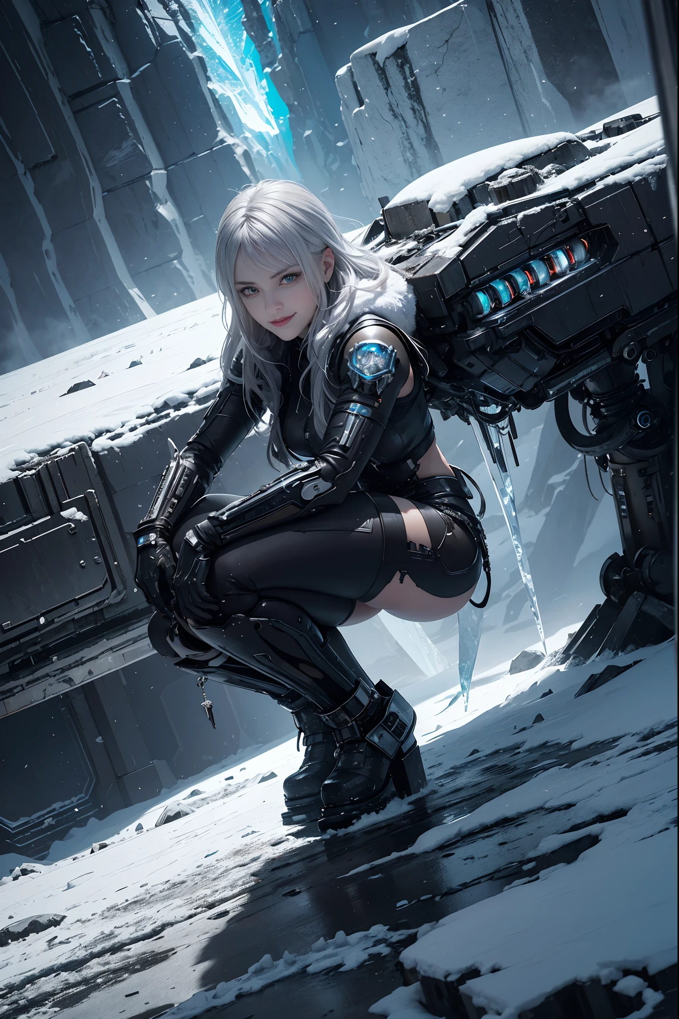 Cyberpunk, mechanical, broken, there is a picture of a very large iceberg, cyberpunk, mechanical, broken, with a lot of snow, dungeon background, icicle background, arena background, game background, dark dark cave background,a female warrior standing up,hands up in the sky,((smile:1)),silver hair,red lips,back view,((close camera))