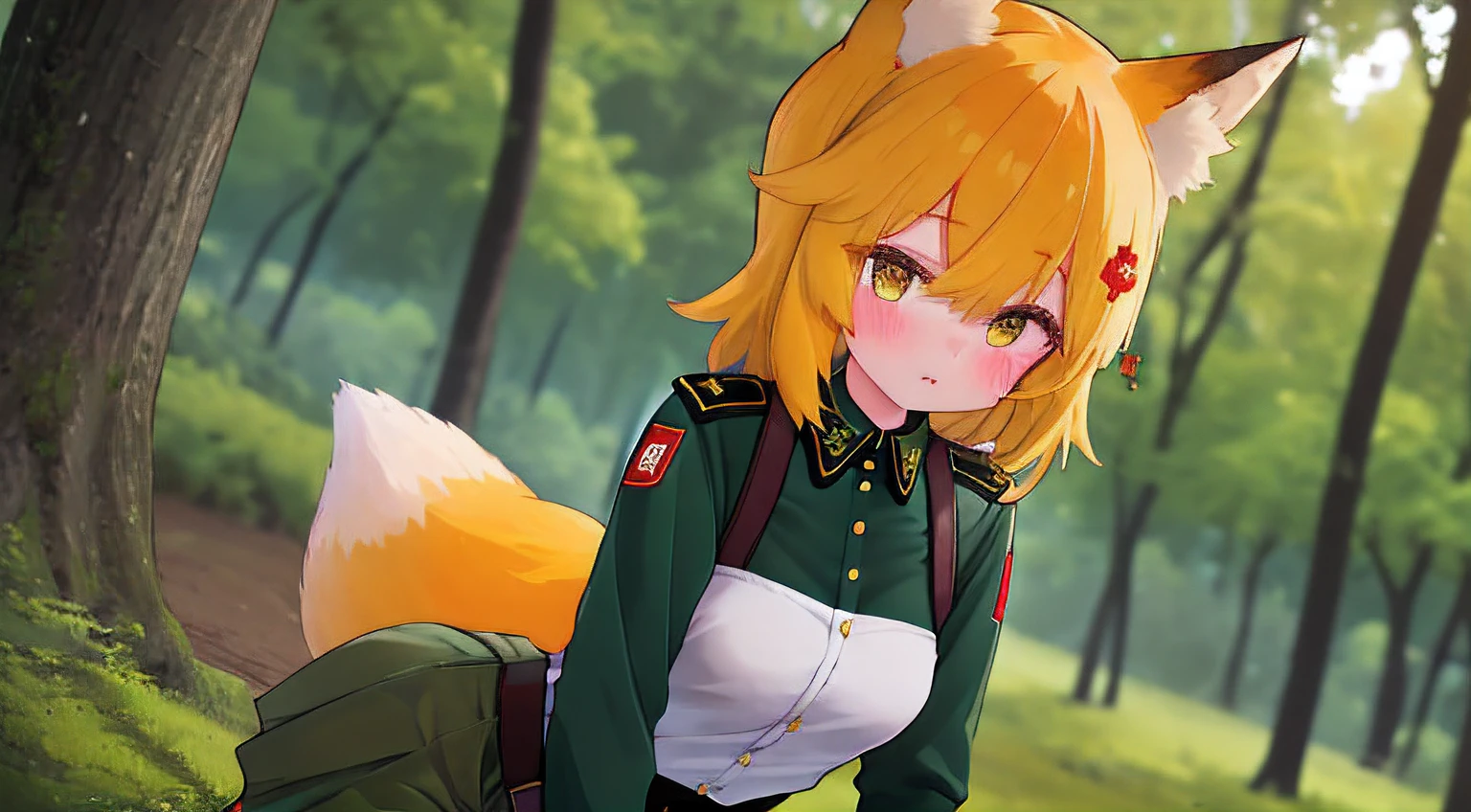 (Best Quality,4k,hight resolution,Masterpiece:1.2),Fox Girl,ear,Army uniform,Tactical Military Uniform,Green Army Uniform,On the Front Line,single girl,Bushes,the trees, Detailed girl, beatiful face, redhead hair, Beautiful Uniform, Very nice uniform, Ultra-detailed uniforms, Very nice military uniform, Very detailed 4K shape, pretty eyes, very detailed eyes, Beautiful yellow eyes, Almost orange eye color, Very nice girl, ((Form of the Soviet Union))