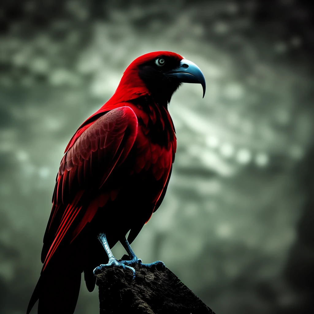 Erstelle mit ein Bild im Weltraum und einem Raumschiff im Hintergrund. Im vordergrund soll ein menesch in einem voll gepanzerten anzug stehen in der Farbe rot, While a red raven sits on his shoulder.