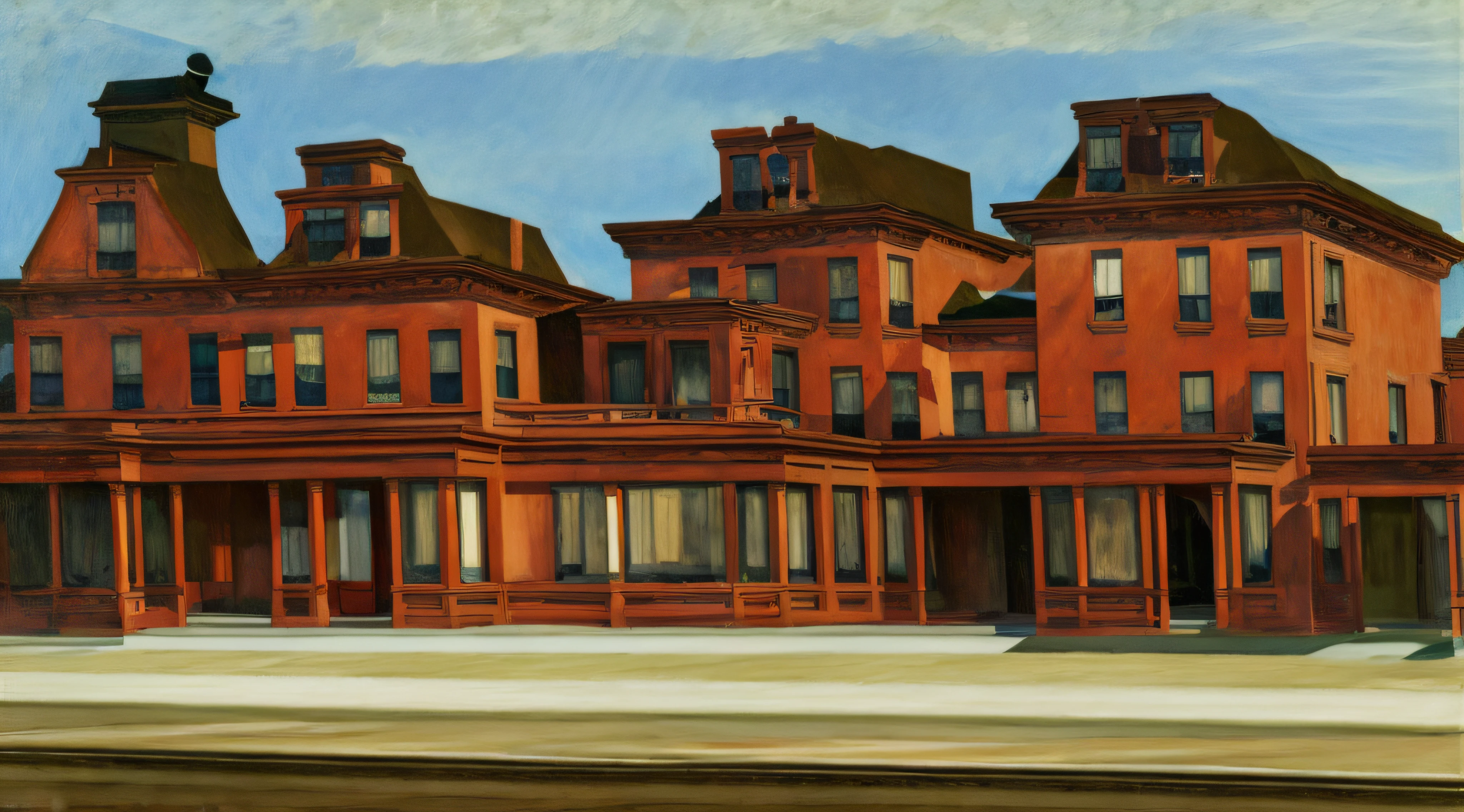 painting of a large house with a red roof and a train track, edward hopper painting, style of edward hopper, edward hopper. sharp focus, !!!edward hopper!!! surrealism, ( ( ( edward hopper ) ) ), edward hopper style, in style of edward hopper, style edward hopper, by Edward Hopper, edward hopper vibe, edward hopper dramatic, edward hopper filonov, edhop_style