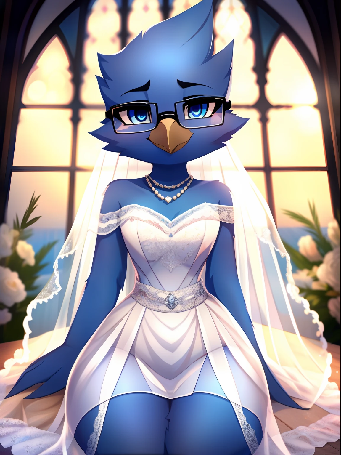 Berdly, (glasses), male, solo, curvy, (curvy waist), (raised eyebrow), (hourglass body), (detailed eyes:1.0), perfect eyes, 1boy, blue pupils, avian, blue body, (thick thighs:1.0), (artist:magnaluna:0.9), smile, masterpiece, pov, wedding dress, bridal veil, off-shoulder, necklace, looking at viewer, (best quality,4k,k,highres,masterpiece:1.2), perfect color tones