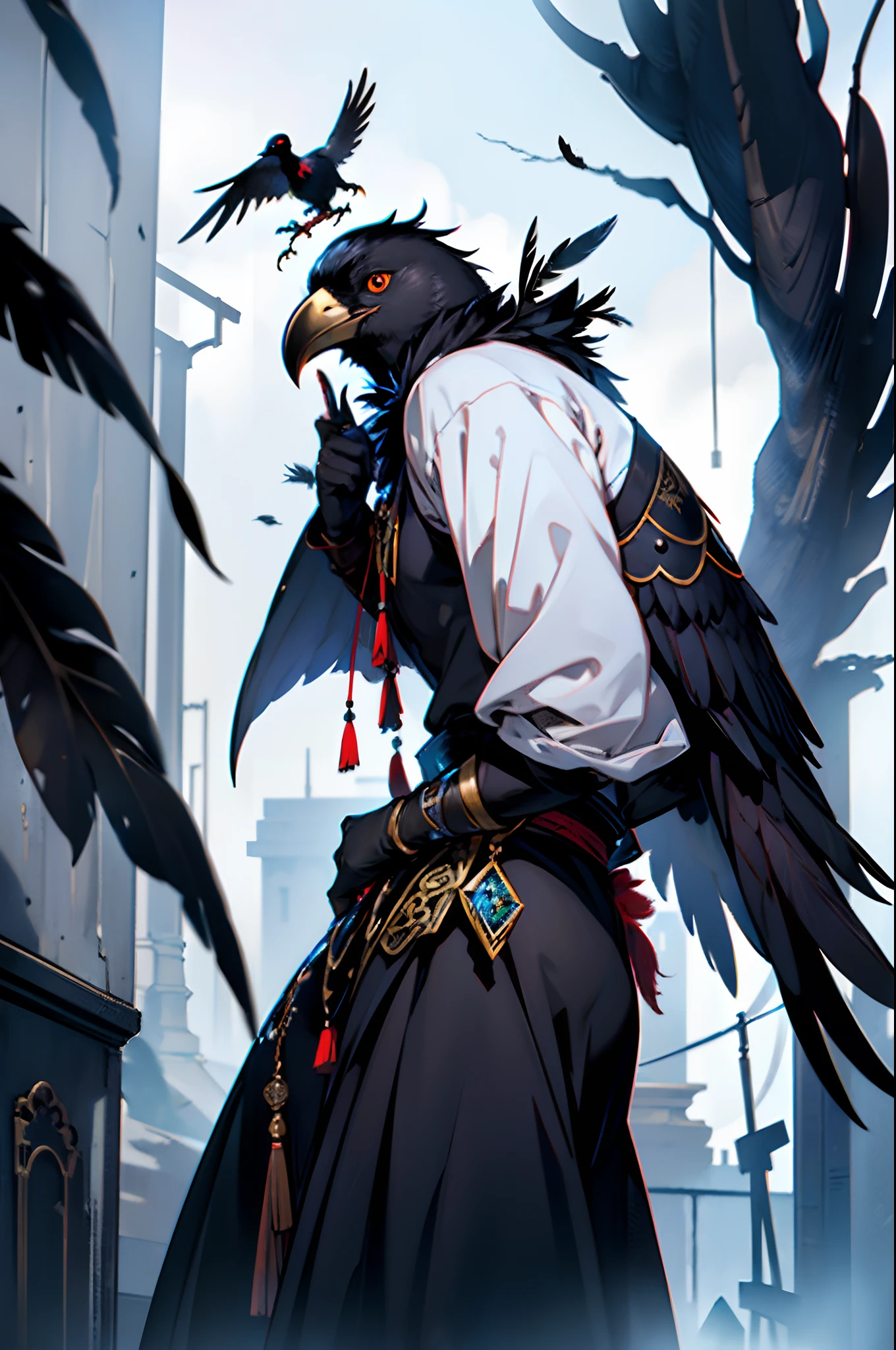 beste-Qualit, tmasterpiece, extra high resolution,nut, Detailed background, realisti, 独奏, crow, Male Kenku robber with black feathers, Horror \(subject\),Dark Fantasy, Depth of field,