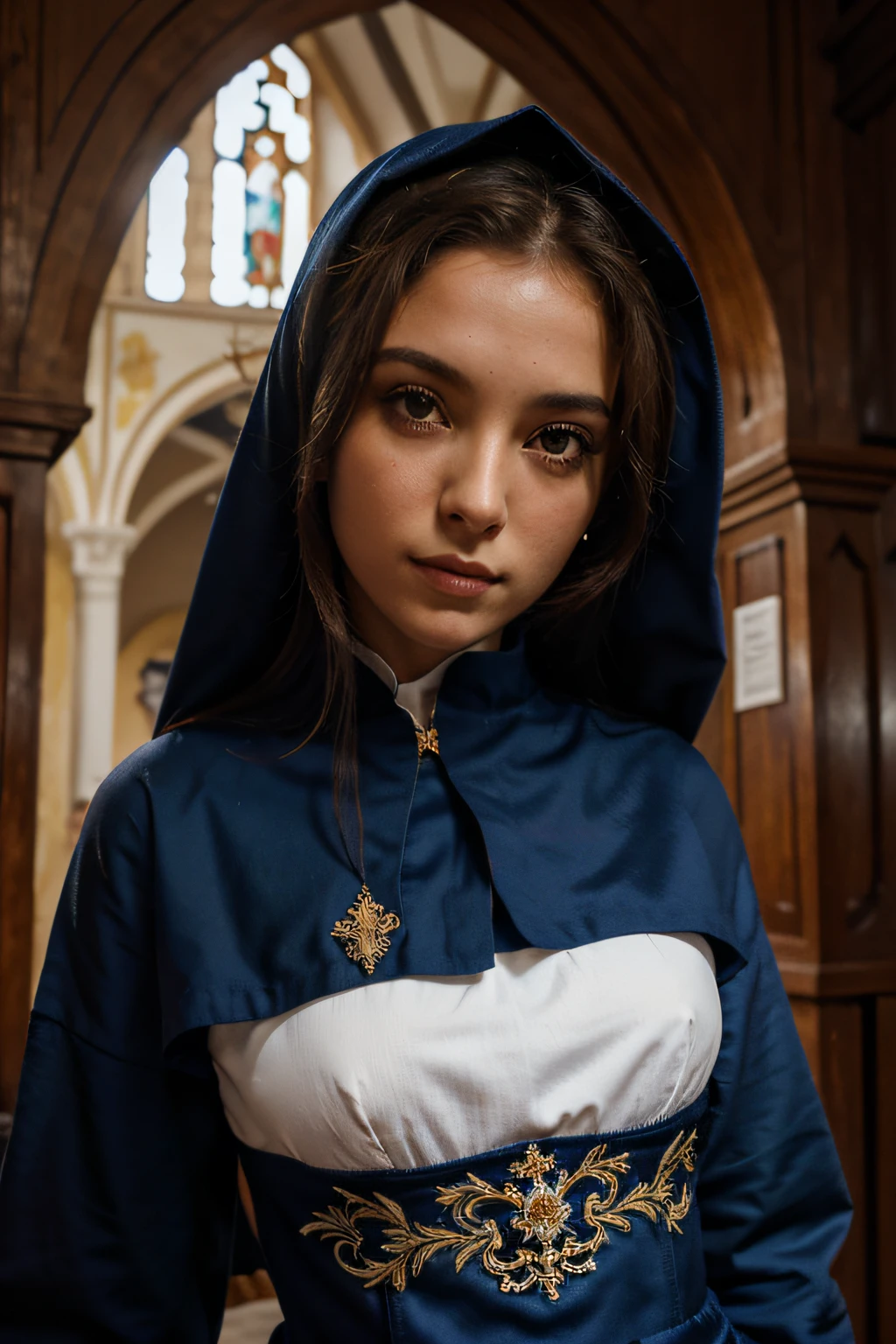 uma mulher jovem, branca, olhos azuis, um pouco de sardas no rosto, vestida com roupa de freira de cor azul e branca, ao fundo um convento religioso