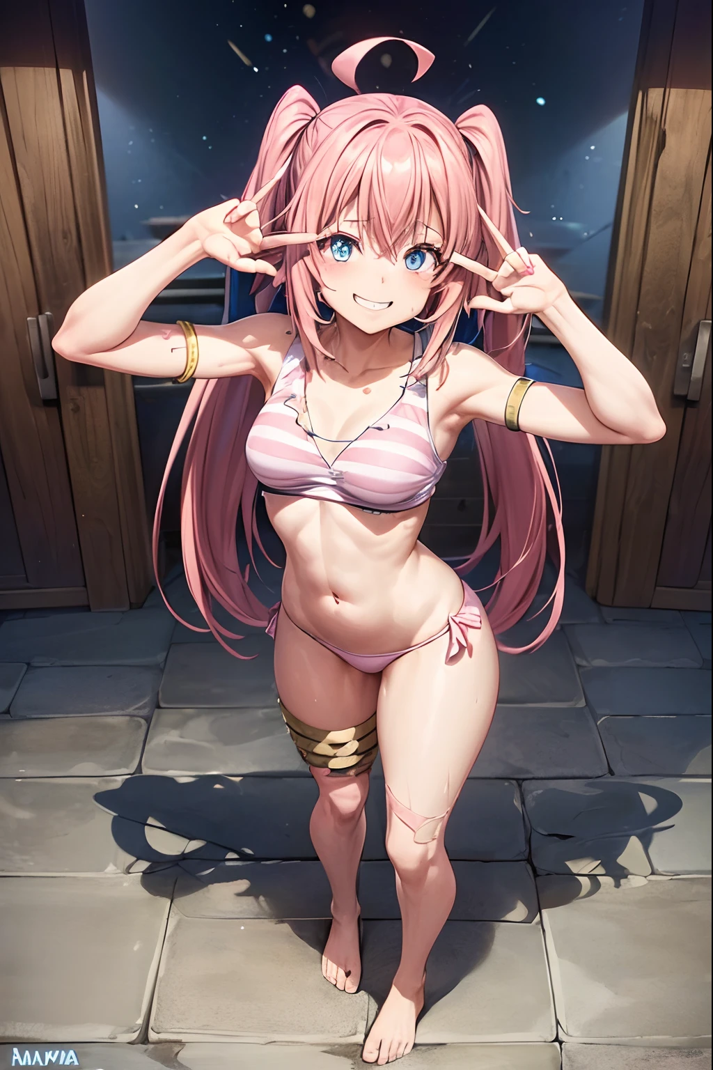 ((female)), (very messy hair), (((piggy style))),(happy smile), fangs, (((Milim Nava with tension))), ((ripped abdomen)), toned arms and legs , medium breasts, excessive sweat, (summer beach scene), (((bright blue eyes))), ((pink hair)), barefoot, (((standing))), 8k, very detailed scene, anime, faithful to the original, (((very well detailed and blue eyes))), ((on top of the rock doing the victory pose)), full body photo