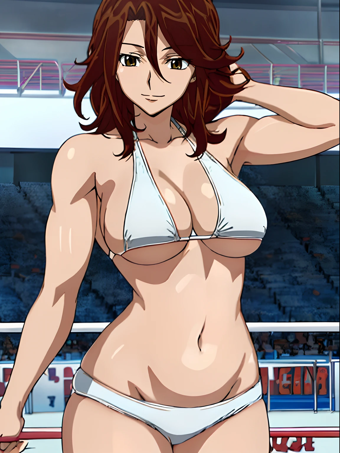 Elegant lady, anime style: 1.8, anime drawing, ultra detailed face, ultra detailed body, 4k, Sumergai Lee Noriega, ((sleeping on wrestling arena, ), closed eyes), best quality, anime style, hires, highest definition, digital blending, bold drawing lines, (only WHITE background), ( slim body, (little biceps), , off-shoulders, closed fists, (curvy: 2.8)), ((broken bikini, (chaps))), gentle, (pale skin, shiny skin, very big breasts, smile), (big eyes, brown eyes), (brown hair, loose hair), 27 years old,