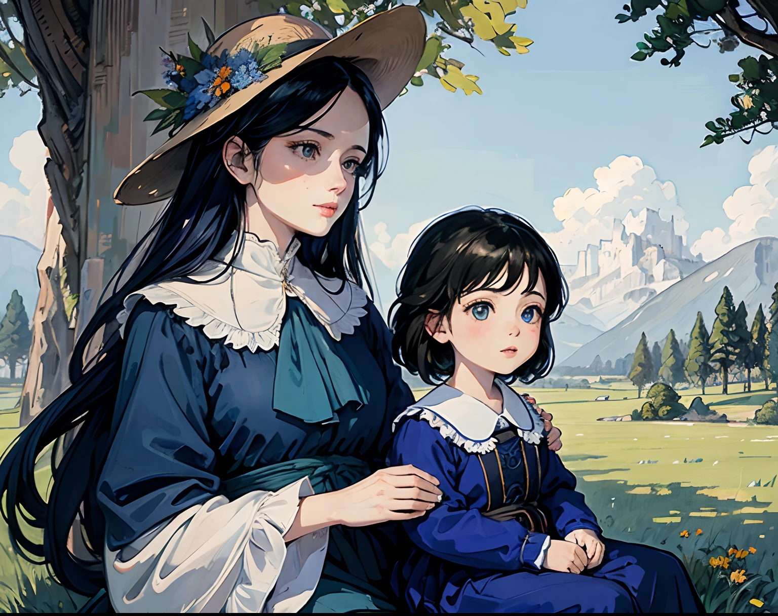 mother with  in her lap,waving to the sky,seen from very low angle against a cobalt blue sky,by schiele, oil painting,best quality,highres,ultra-detailed[beautiful detailed eyes],[beautiful detailed lips],[extremely detailed eyes and face],[longeyelashes],detailed,garden,green grass,tall trees,sunlit background,vivid colors,portraits