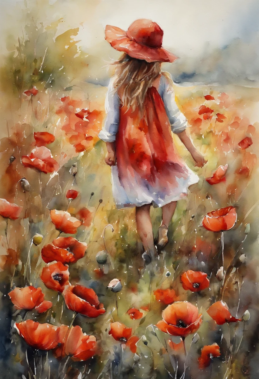 Girl playing in a poppy field, . Masterpiece.