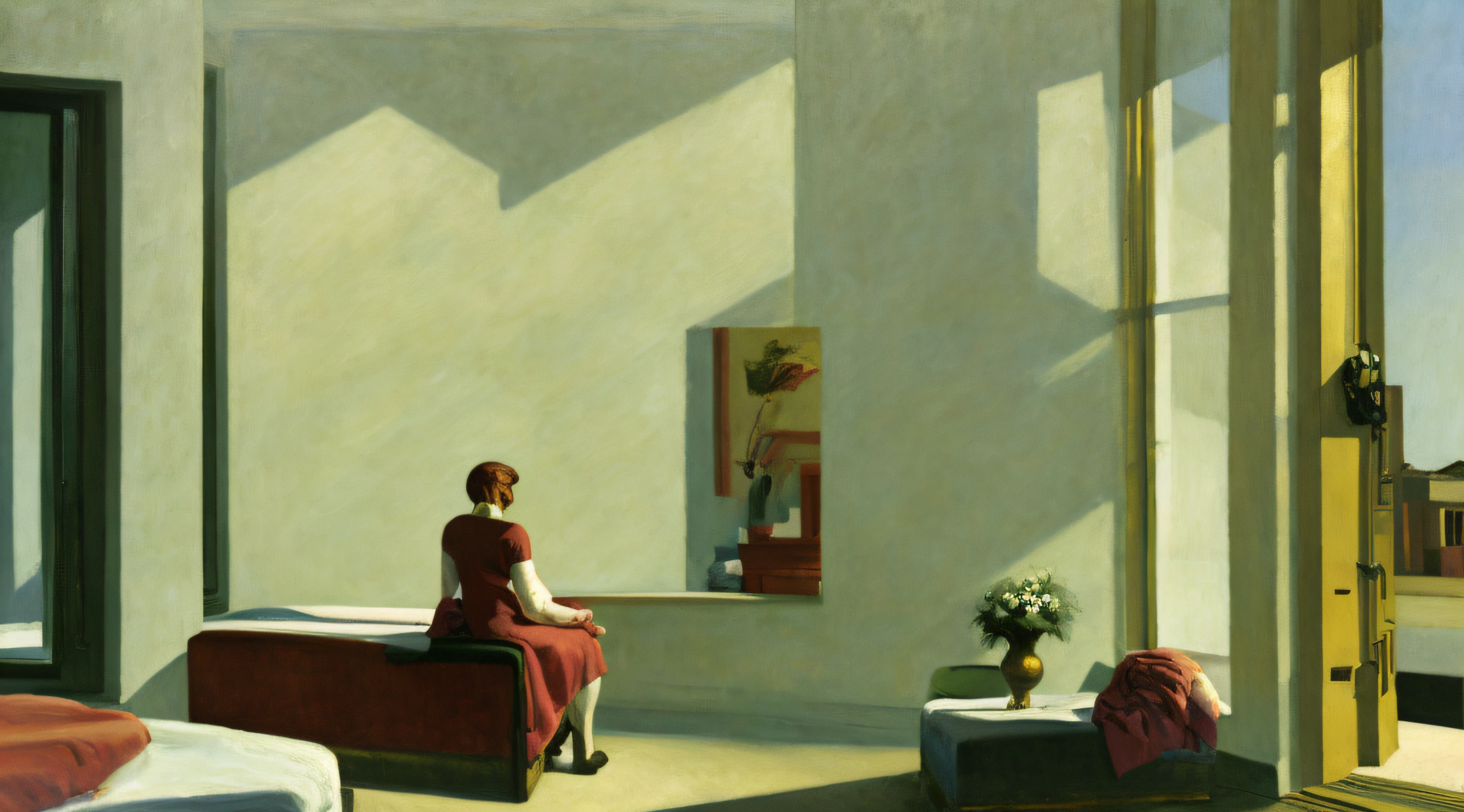 painting of a woman looking out a window, edward hopper style, ed hopper, style edward hopper, in style of edward hopper, raphael hopper, style of edward hopper, edward hopper. sharp focus, edward hopper vibe, hopper, ( ( ( edward hopper ) ) ), inspired by Edward Hopper, by Edward Hopper, edward hopper painting, edward hopper dramatic, edhop_style