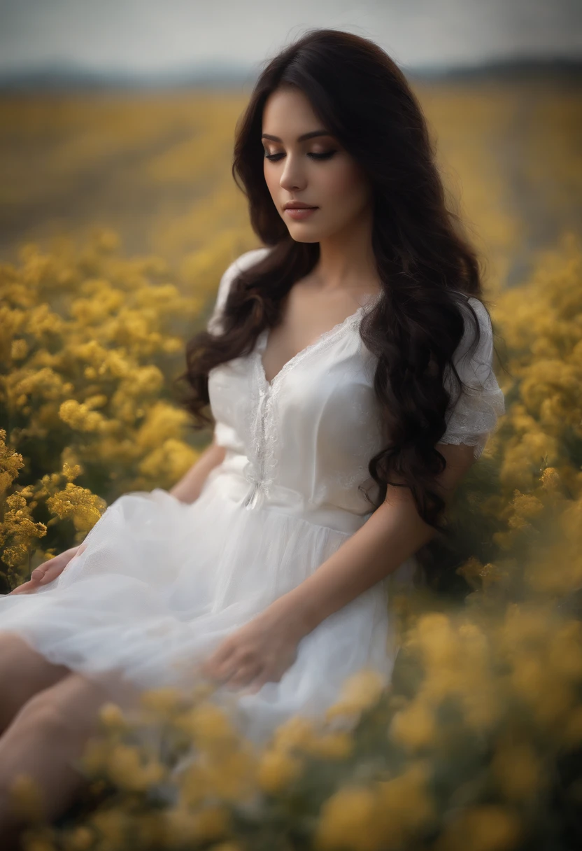 (photograph realistic:1.55), Masterpiece, Best quality, Detailed, Blurry, Depth_af_Field, Blurry_Background, Blurry_foreground, 1girll, mitts, White_mitts, dress, Exercise_bblurry, Photo_(mediating), Solo, White_Dress, black hair, bed, spread legs, underwear