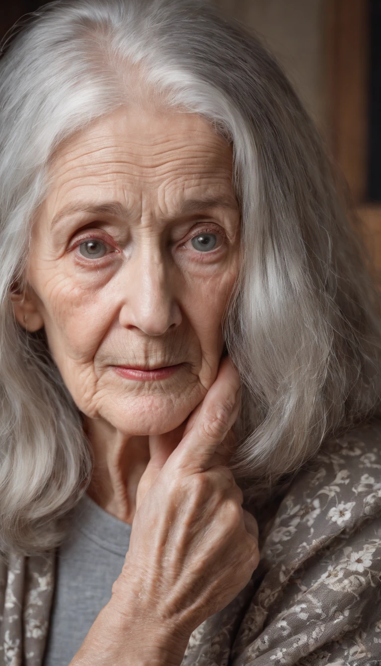 (Old lady:1.4), with gray long hair, strict face, house wife, aunt look.