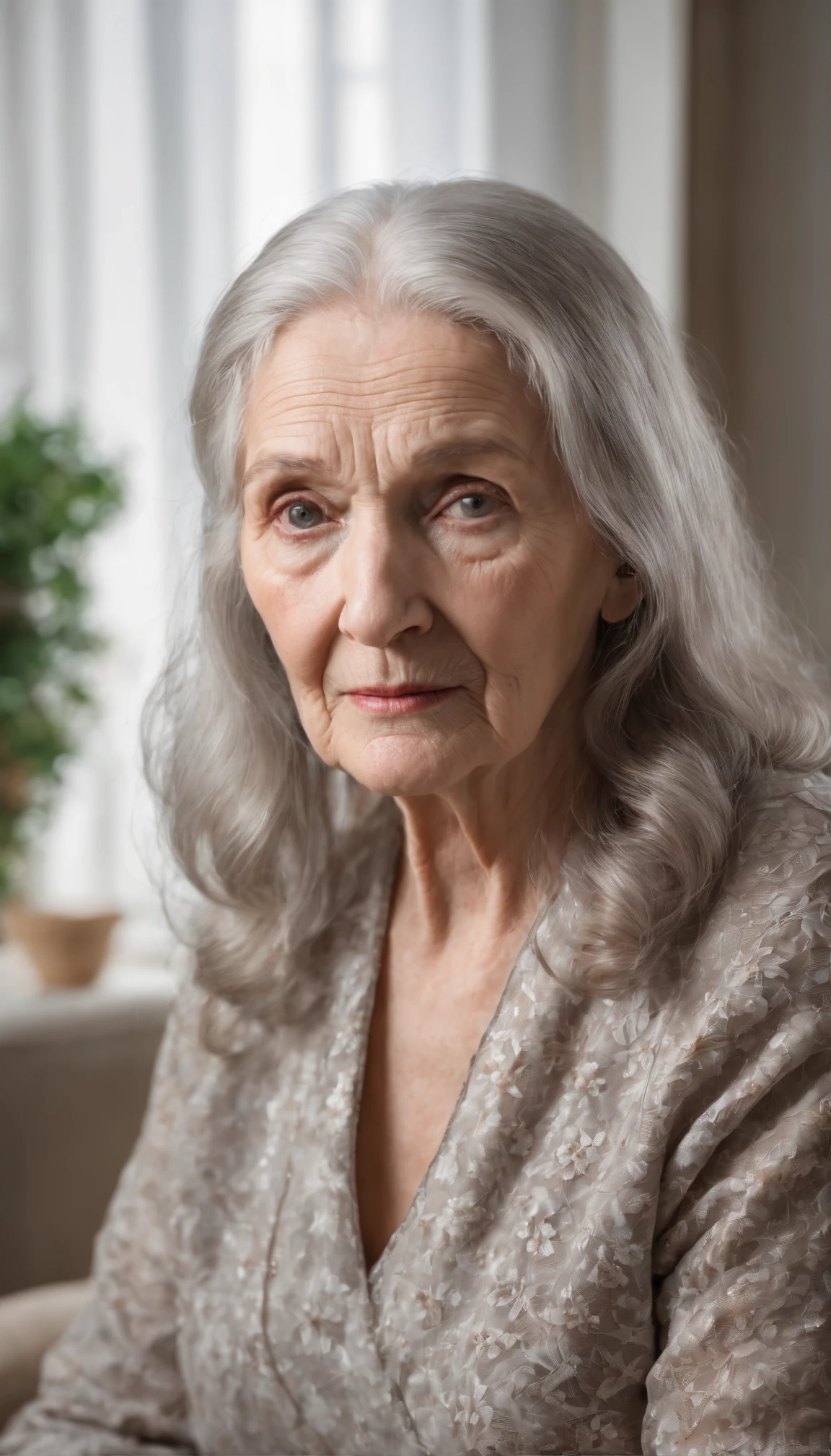 (Old lady:1.4), with gray long hair, strict face, house wife, aunt look.