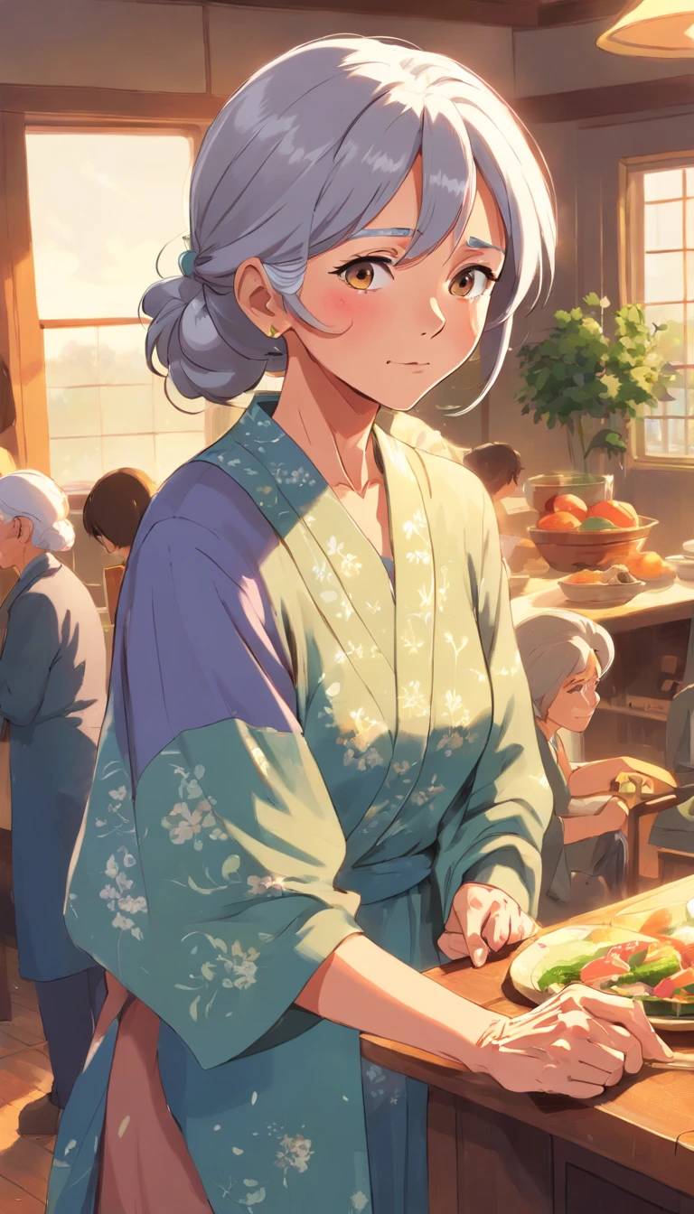 (Old lady:1.4), with gray long hair, strict face, house wife, aunt look.