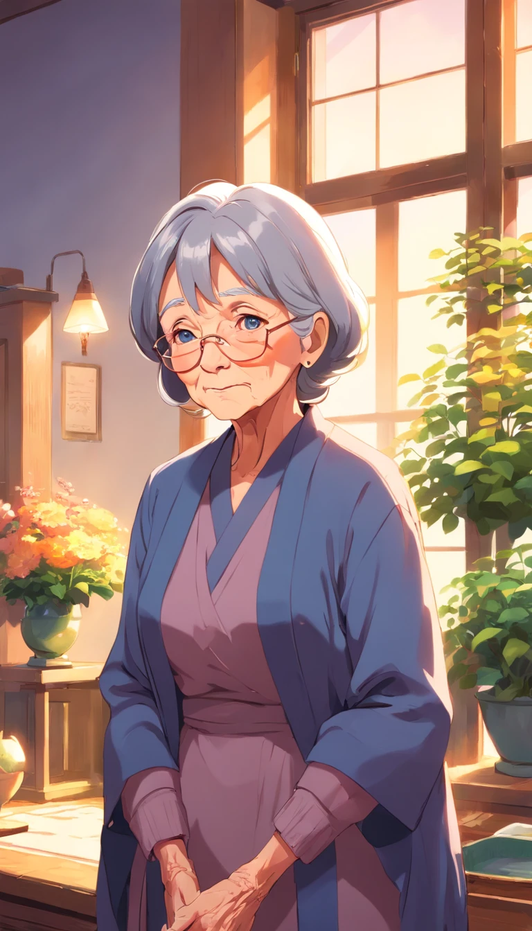(Old lady:1.4), with gray long hair, strict face, house wife, aunt look.