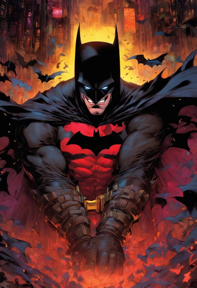 batman que ri, suas presas aparecem enquanto era queimado pelo sol, quadrinhos da marvel, illustration, mind-blowing illusions, brutalismo, flawless line work, made of mist, quadrinhos, selvagem e ousado, ouro escuro e vermelho, Figurinos detalhados, Chiaroscuro's Domain, creepypasta, corpo inteiro intenso,