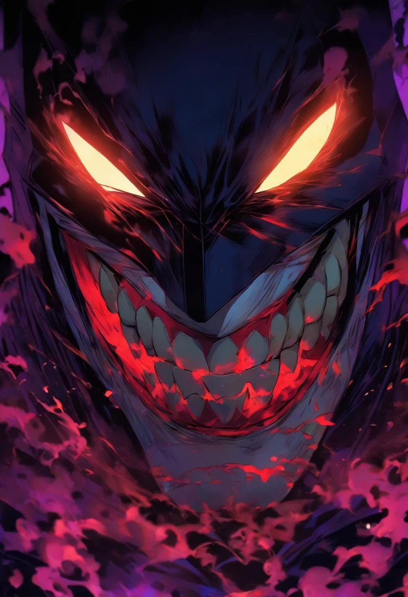 batman que ri,  suas presas aparecem enquanto era queimado pelo sol, quadrinhos da marvel, illustration, mind-blowing illusions, brutalismo, flawless line work, made of mist, quadrinhos, selvagem e ousado, ouro escuro e vermelho, Figurinos detalhados, Chiaroscuro's Domain, creepypasta, corpo inteiro intenso,