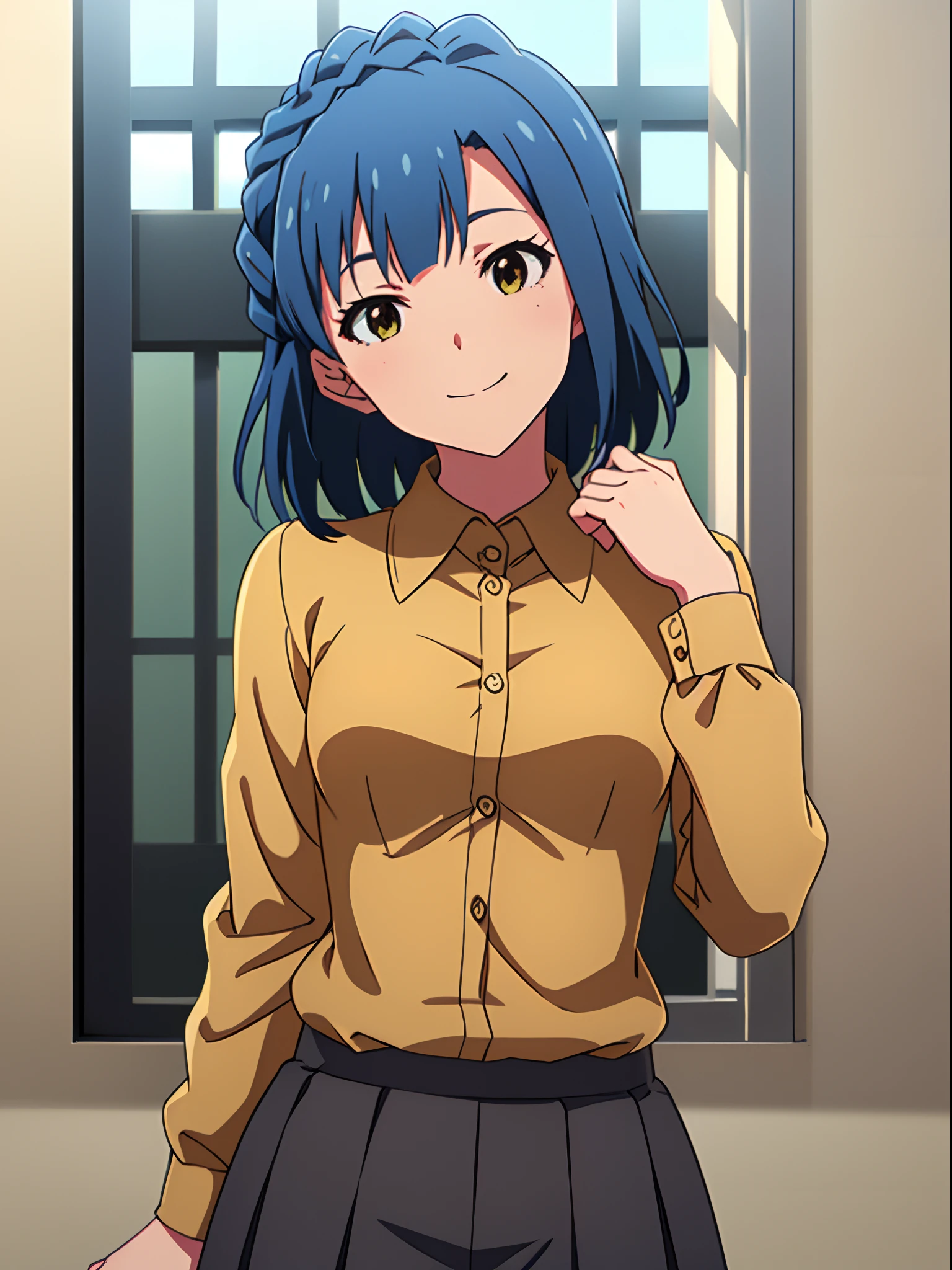 yuriko nanao (million live), 1 girl, Solo, Best Quality, High resolution, 8K, Wallpaper, Ultra-detailed, Detailed face, (((Upper body:1.2))), Standing, Looking at Viewer, Smile, (((Head tilt, hand on the breasts))), ((Brown shirt, Collared shirt, knit shirt))), Gray skirt, (((White wall, Small window,)))