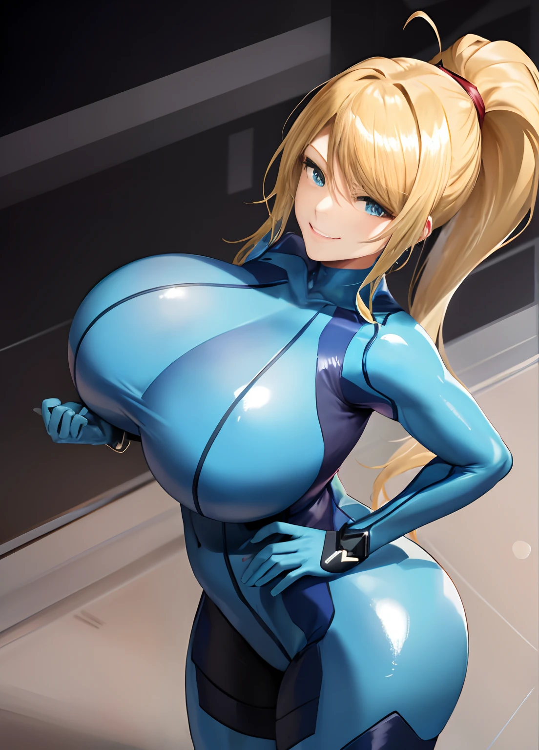 samus aran, ponytail, hair tie, blue gloves, ((blue bodysuit)), high heels (masterpiece, best quality:1.4), (modern days), (cowboy shot), 1girl, solo, pov, stunning girlfriend, (standing:1.1), dynamic pose, heart shaped face, elegant face, beautiful face, highly detailed face, highly detailed skin,  Her figure is extremely voluptuous, Gigantic breasts, Heavy breasts, , smug smile, looking at viewer,16k hdr,hands on hips, curvy, hands under breasts,space ship