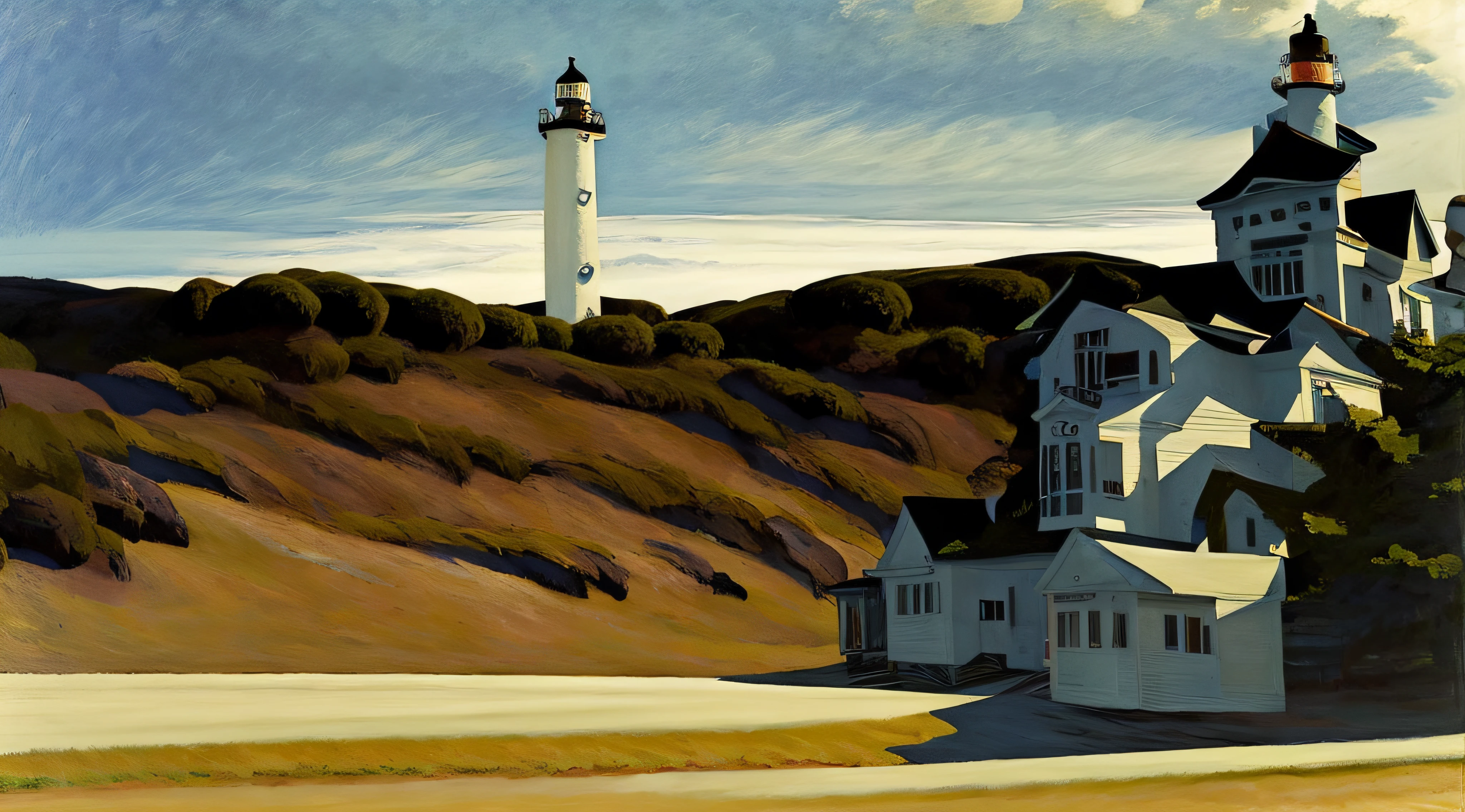 edhop_style, painting of a lighthouse on a hill with a house in the background, ( ( ( edward hopper ) ) ), ed hopper, hopper, hopper and gilleard, edward hopper painting, by Richard Sedlon, edward hooper, style of edward hopper, lighthouse, evening light, by Edward Hopper, edward hopper vibe, edward hopper dramatic, light house, in style of edward hopper