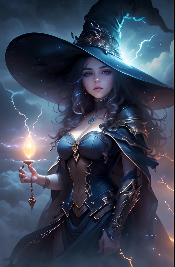 sorceress, ((long hair, dark blue hair, bangs, glowing blue eyes, wide eyes, lipstick, makeup, narrow waist, skinny, medium breasts, alone, sorceress hat, white earrings)), pelvic curtain, ((evil witch in strapless dark blue dress,tulle dark blue skirt)), full body, perfect body, (insanely detailed, beautiful detailed face, masterpiece, best quality) , (((solo))), (((1girl))), (((mature))), (extremely detailed 8k paper CG wall unit: 1.1), (stone bridge, raining, storm), (evil smile face for the viewer), Staff in hand