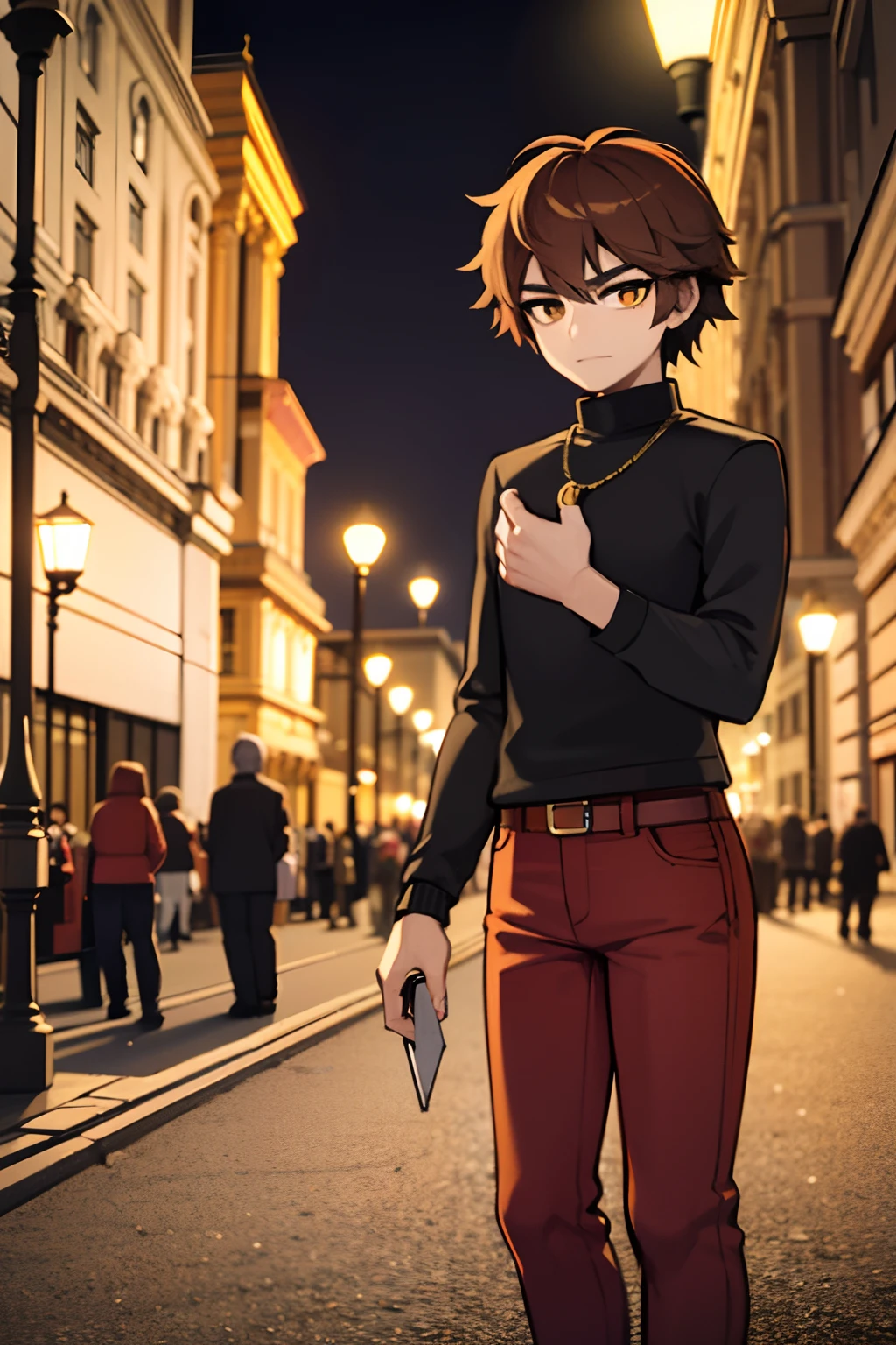young man, 20 years old, medium hair, light brown hair, red and yellow moleton, jeans pants in london, in the streets, night, 4k,European lampposts in the background, highlights, 4k,