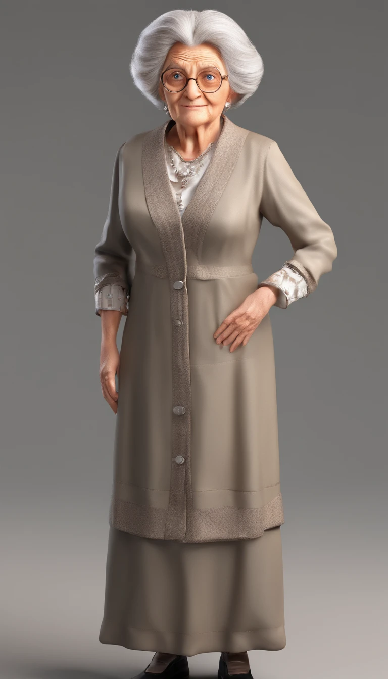An old woman wearing brown blouse clothes and a brown long-sleeved vest, clothes only up to the chest not up to the neck, white hair and tied up, wrinkled face with a sad expression, flat-chested, not wearing a suit, not wearing a tie, not wearing footwear, thin, rendered in 3d style, octane render, 3d cartoon, with ancient style, slave style of clothing, medieval style of clothing, white background,