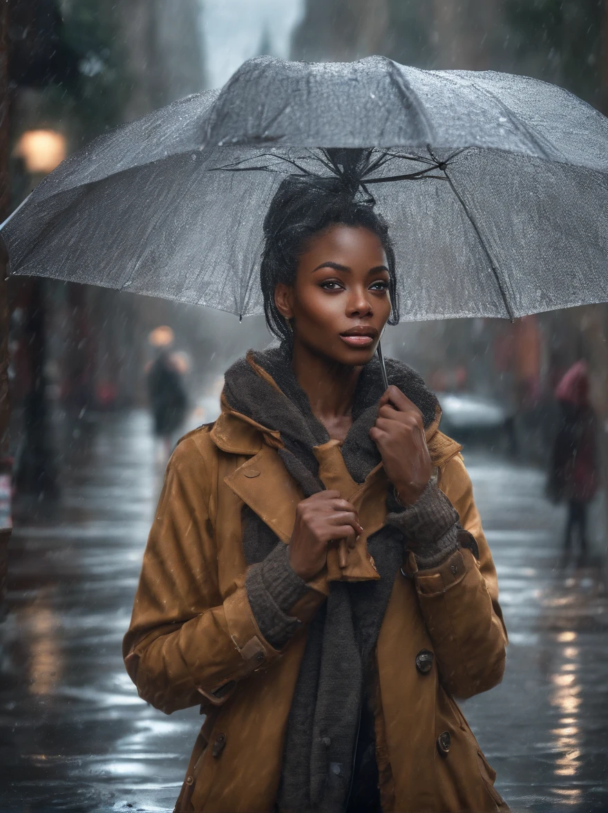 (best quality,4k,8k,highres,masterpiece:1.2),ultra-detailed,(realistic,photorealistic,photo-realistic:1.37),dark woman in umbrella,rainy day,gentle raindrops,soft natural lighting,wet streets,cityscape,reflection in puddles,streets filled with umbrellas,stylish attire,fashionable,soothing color palette,water droplets on the umbrella,subtle mist in the background,urban setting,serene expression on the dark woman's face,effortlessly holding the umbrella,wind blowing through her hair,graceful posture,calm atmosphere