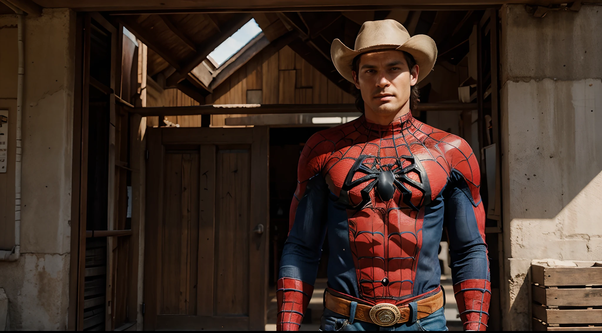 cowboy looking at camera spiderman standing behind