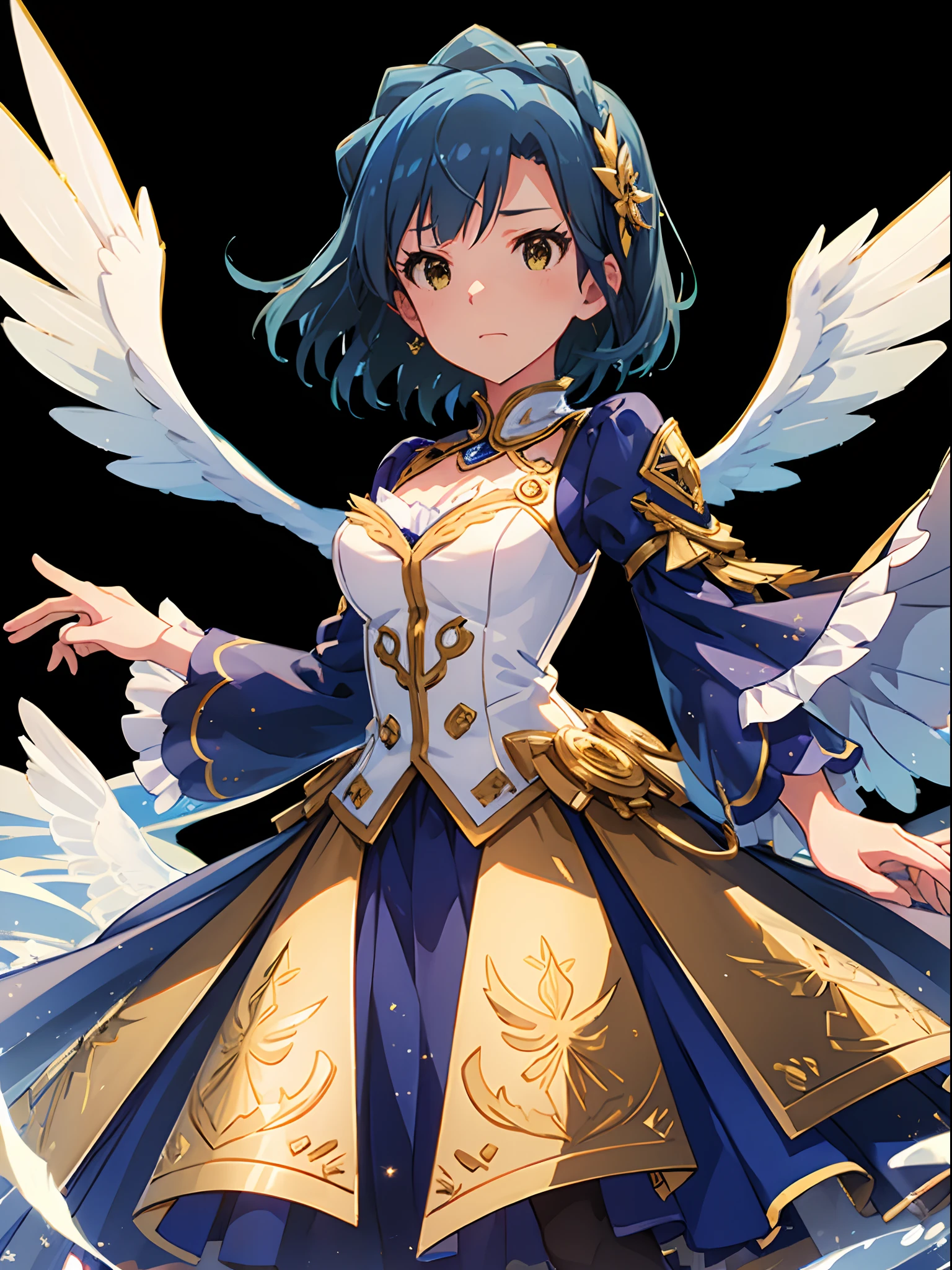 yuriko nanao (million live), 1 girl, solo, best quality, high resolution, 8k, wallpaper, ultra-detailed, detailed face, white gown, angel, angel wings, golden halo, dark background, upper body, (closed mouth:1.2), looking at viewer, arms behind back, blue theme, stars, starry night