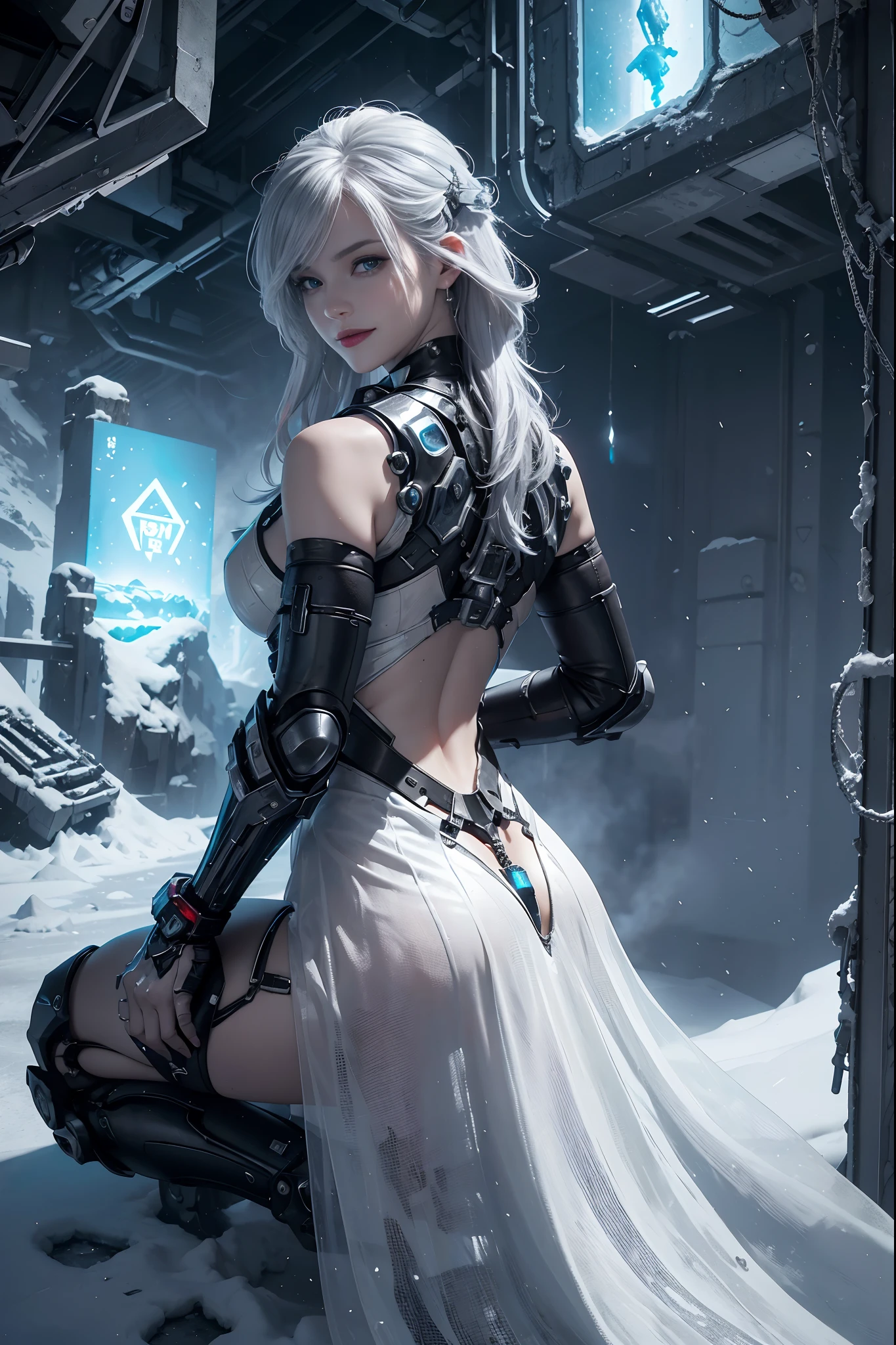 Cyberpunk, mechanical, broken, there is a picture of a very large iceberg, cyberpunk, mechanical, broken, with a lot of snow, dungeon background, icicle background, arena background, game background, dark dark cave background,a female warrior sitting down,((smile:1)),silver hair,red lips,back view,((close camera))